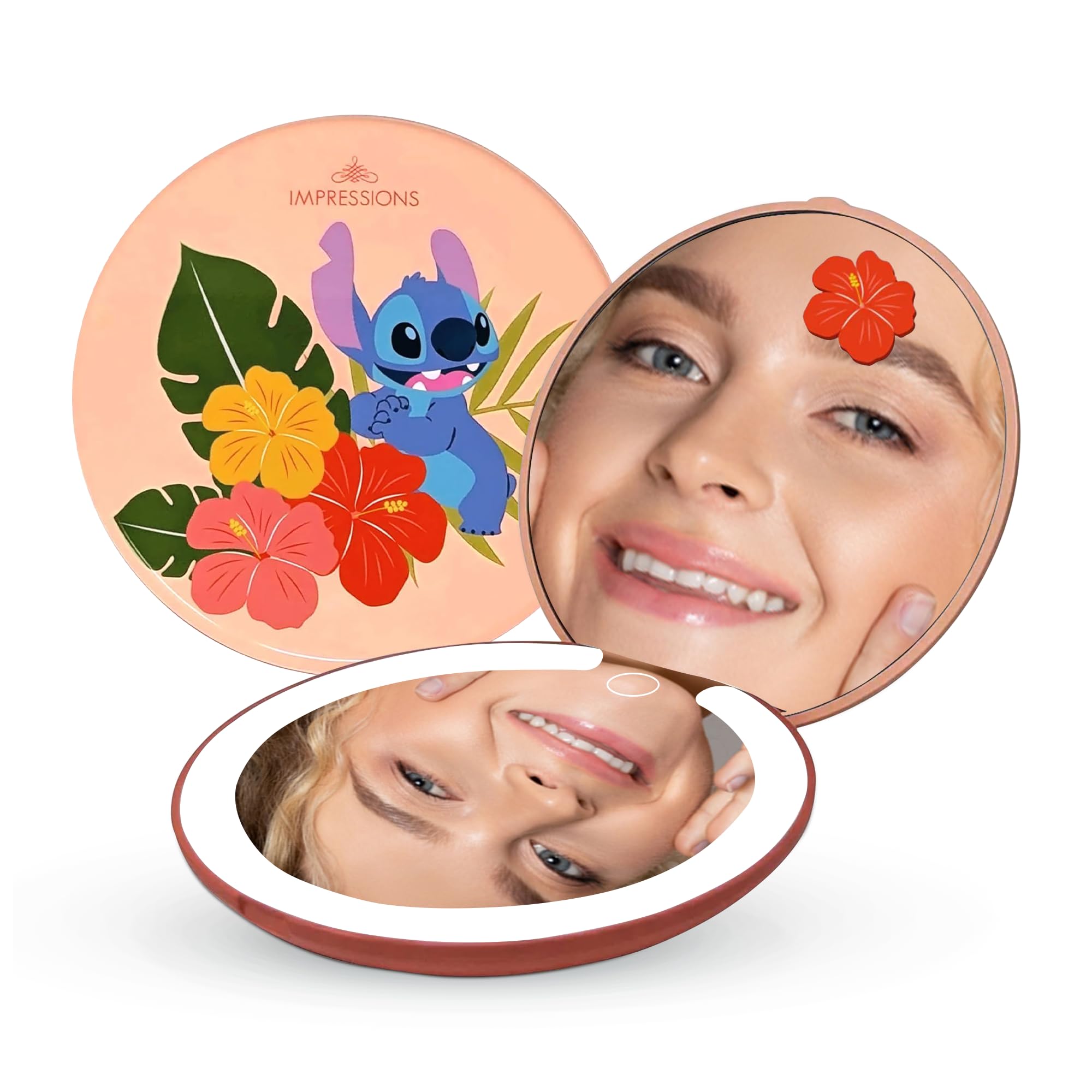 Impressions Vanity Disney Stitch Compact Mirror with Light, Double Sided Cute Travel Makeup Mirror with Magnification, Daylight 