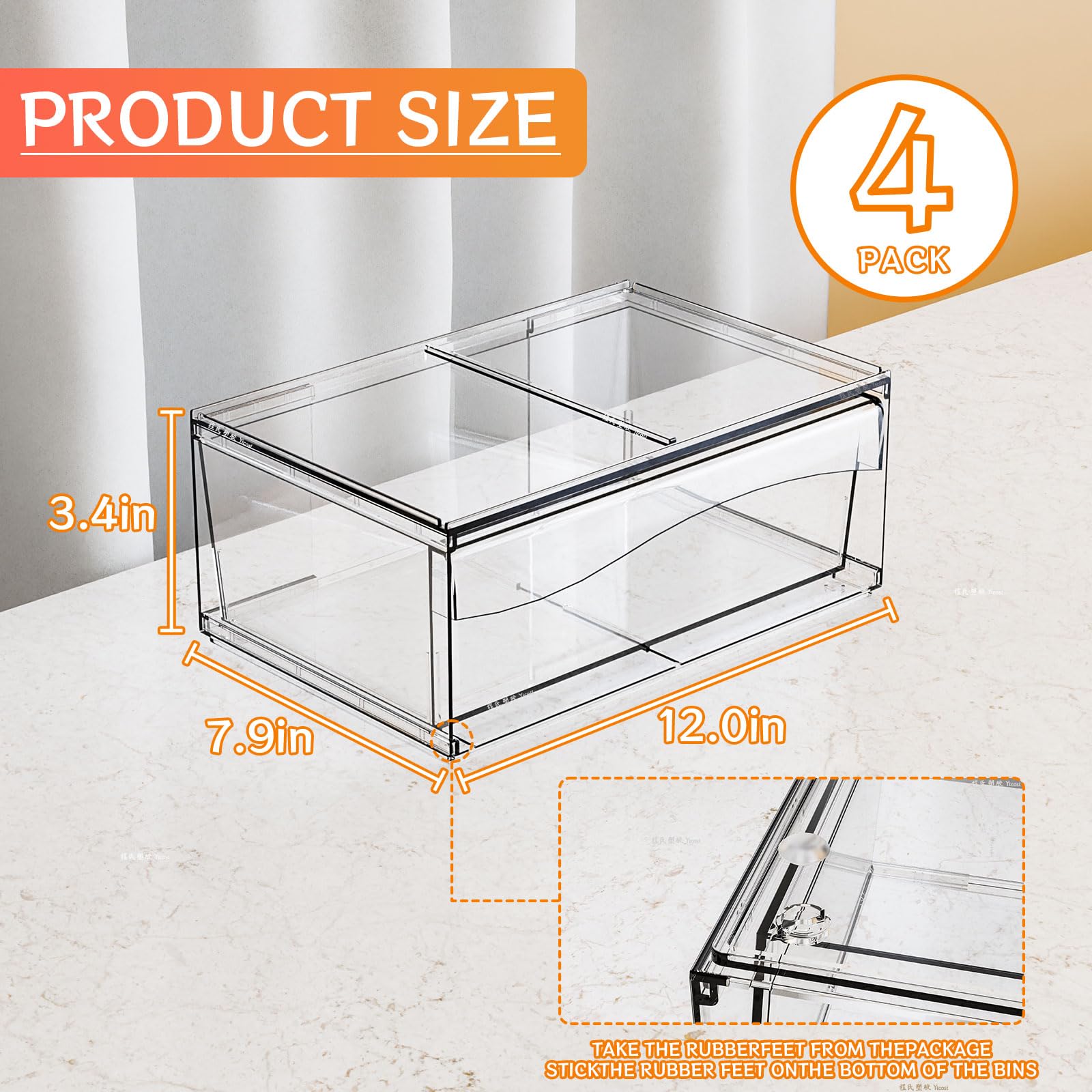 4 Pack Clear Stackable Storage Drawers,12W Large Bathroom Makeup Organizer and Pen,Sunglass,Medicine,Baby Bottle Organizer,Plast