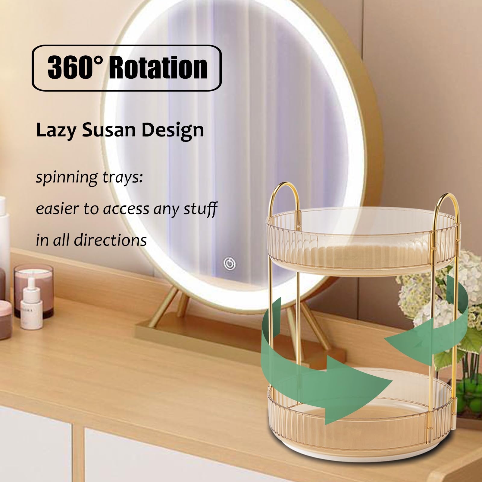 Zufudo Rotating Makeup Organizer 2 Tier Lazy Susan Trays Skincare Perfume Organizer For Bathroom Counter Vanity, Amber Gold