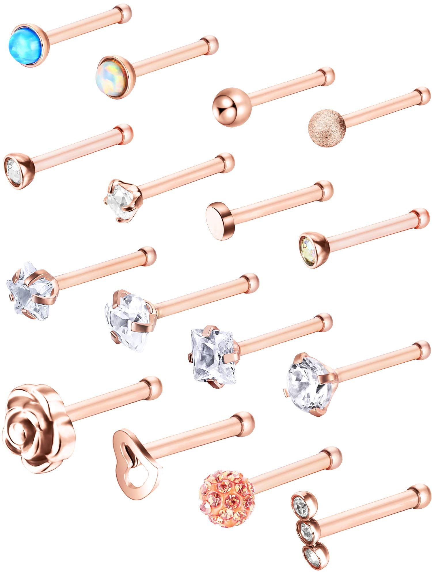 JOVITEC 16 Pieces Nose Stud for Women 20 g Nose Ring Set Bone Nose Studs Surgical Stainless Steel Cartilage Tragus Piercing Rose