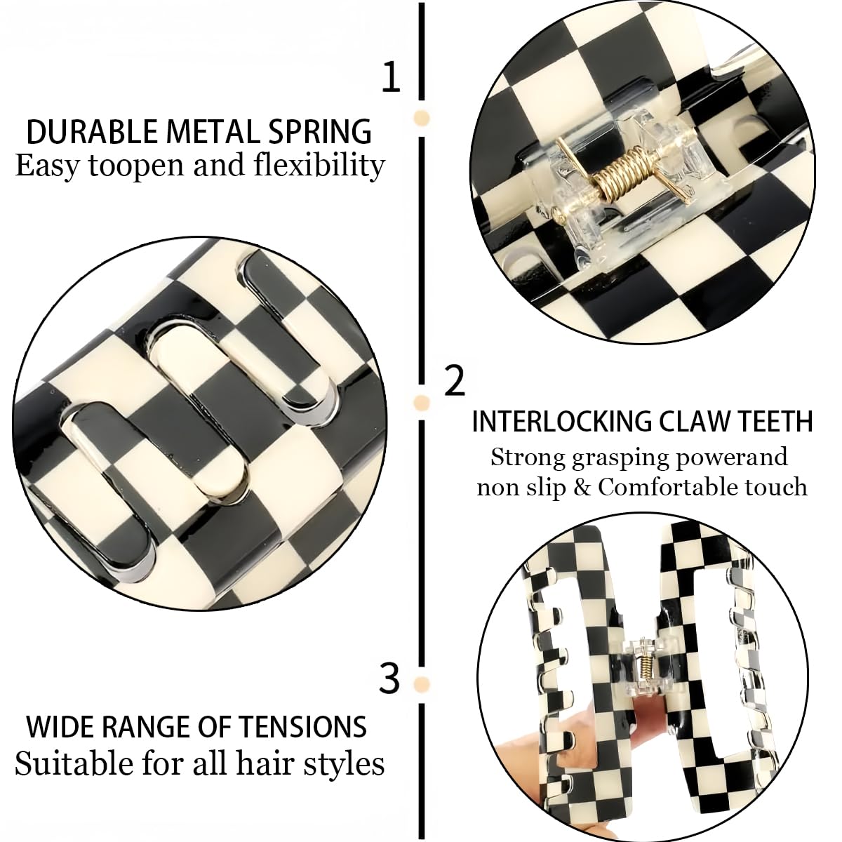 2 PCS Checkered Hair Claw Clips Square Checker Barrettes Cute Non Slip Hair Jaw Clips Strong Hold Rectangle Hair Claw Multicolor
