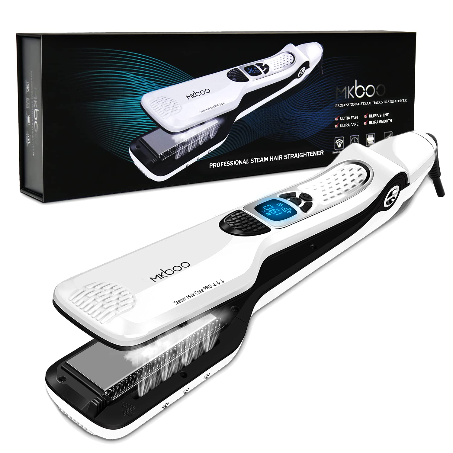 MKBOO Hair Straightener with Steam,Salon Professional Nano Titanium Ceramic Steam Flat Iron with Removable Comb+Digital LCD+5 Le