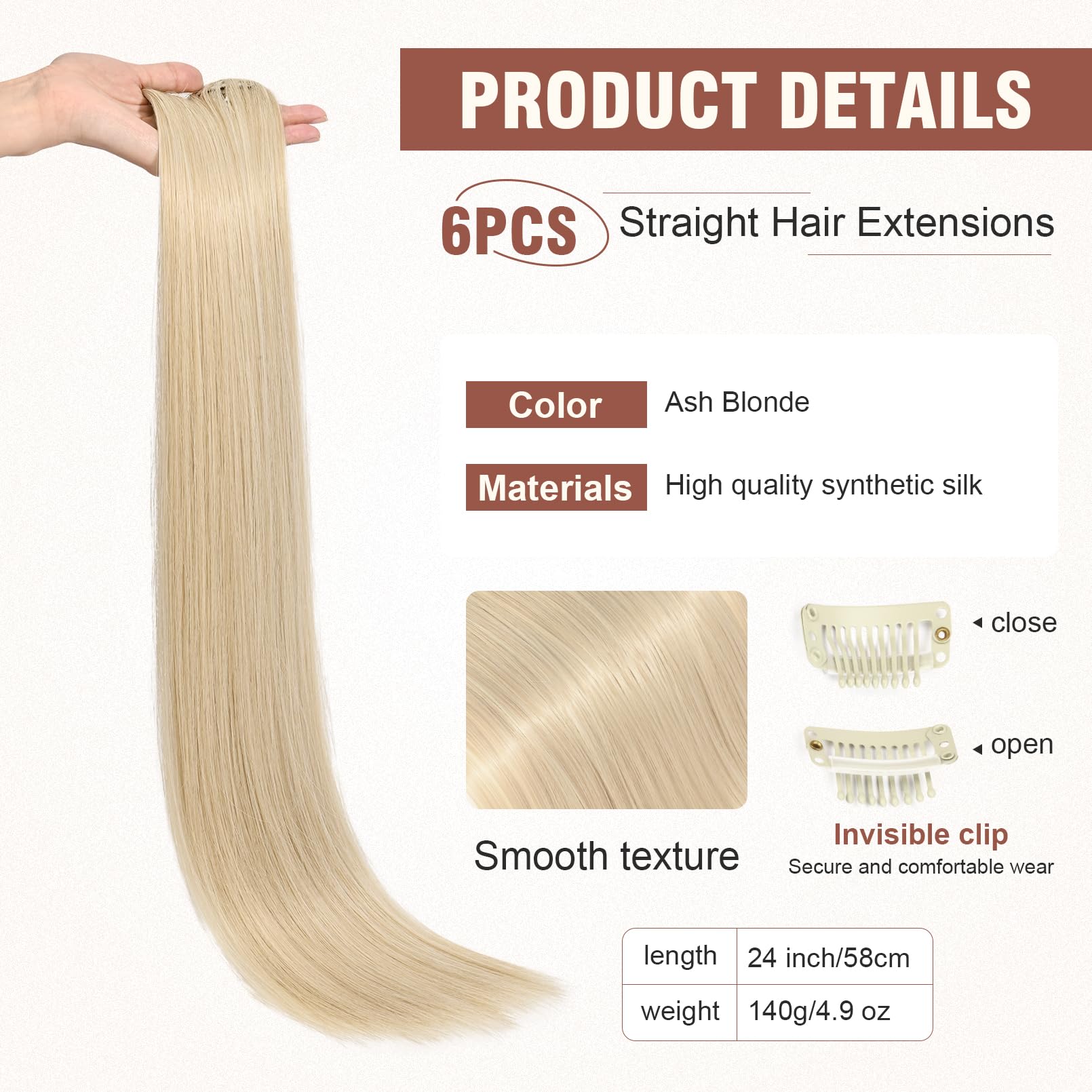 Flufymooz 6Pc Clip In Hair Extensions 24'' Straight Long Extensions For Women Synthetic Hairpiece (Ash Blonde)