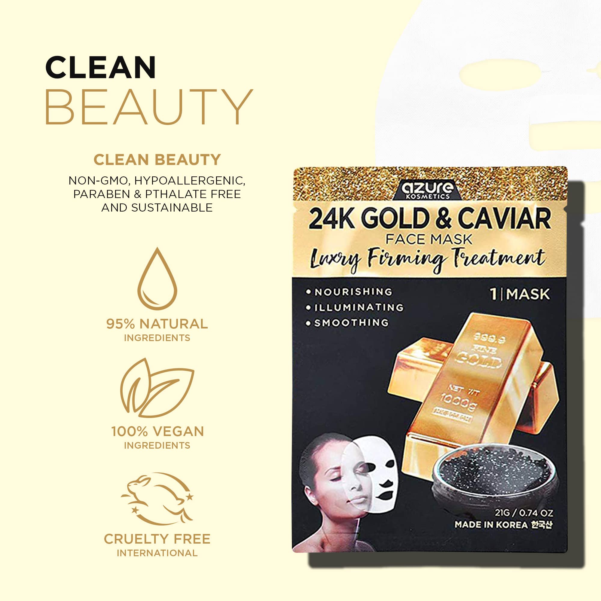 AZURE 24K Gold and Caviar Anti Aging Luxury Face Mask - Hydrating & Firming Facial Mask - Helps Reduce Wrinkles & Fine Lines - W