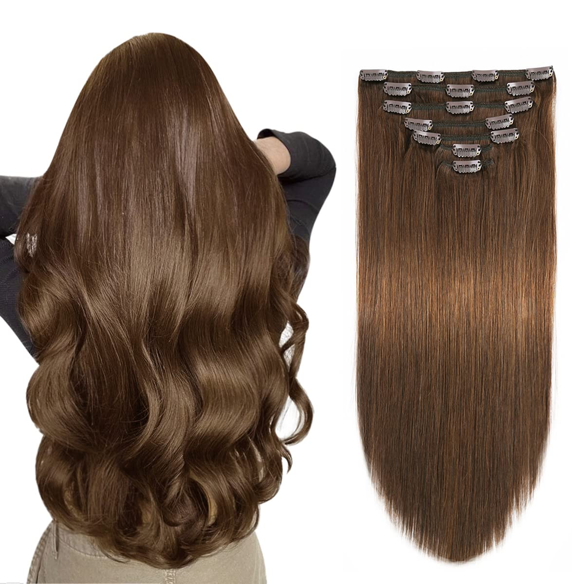 Suyya Clip In Hair Extensions Real Human Hair,Chocolate Brown Human Hair Extensions Clip Ins Straight Human Hair Clip Ins Double