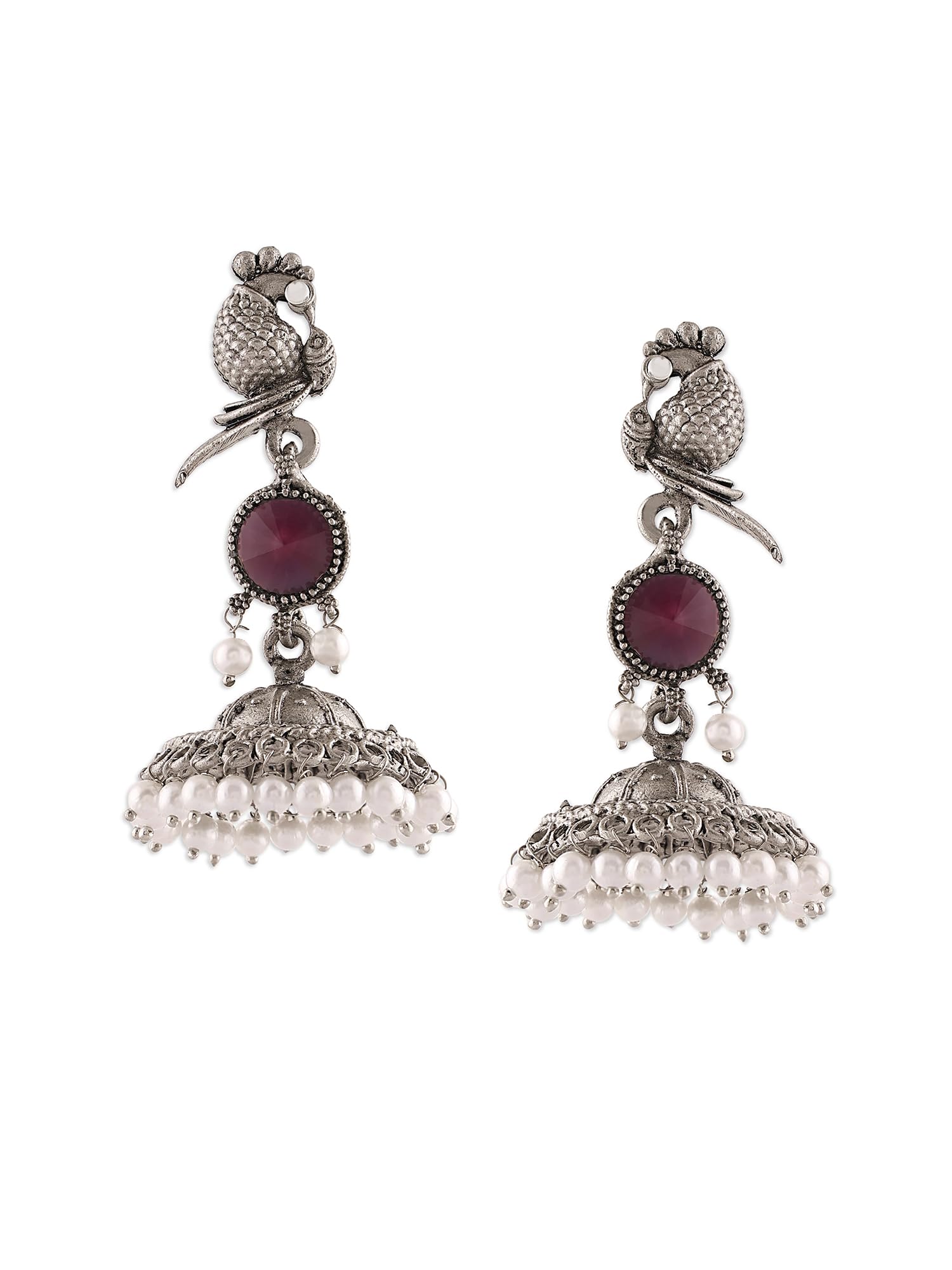 Zaveri Pearls Purple Peacock Silver Oxidised Stones & Beads Traditional Jhumki Earring For WomenZpfk16699