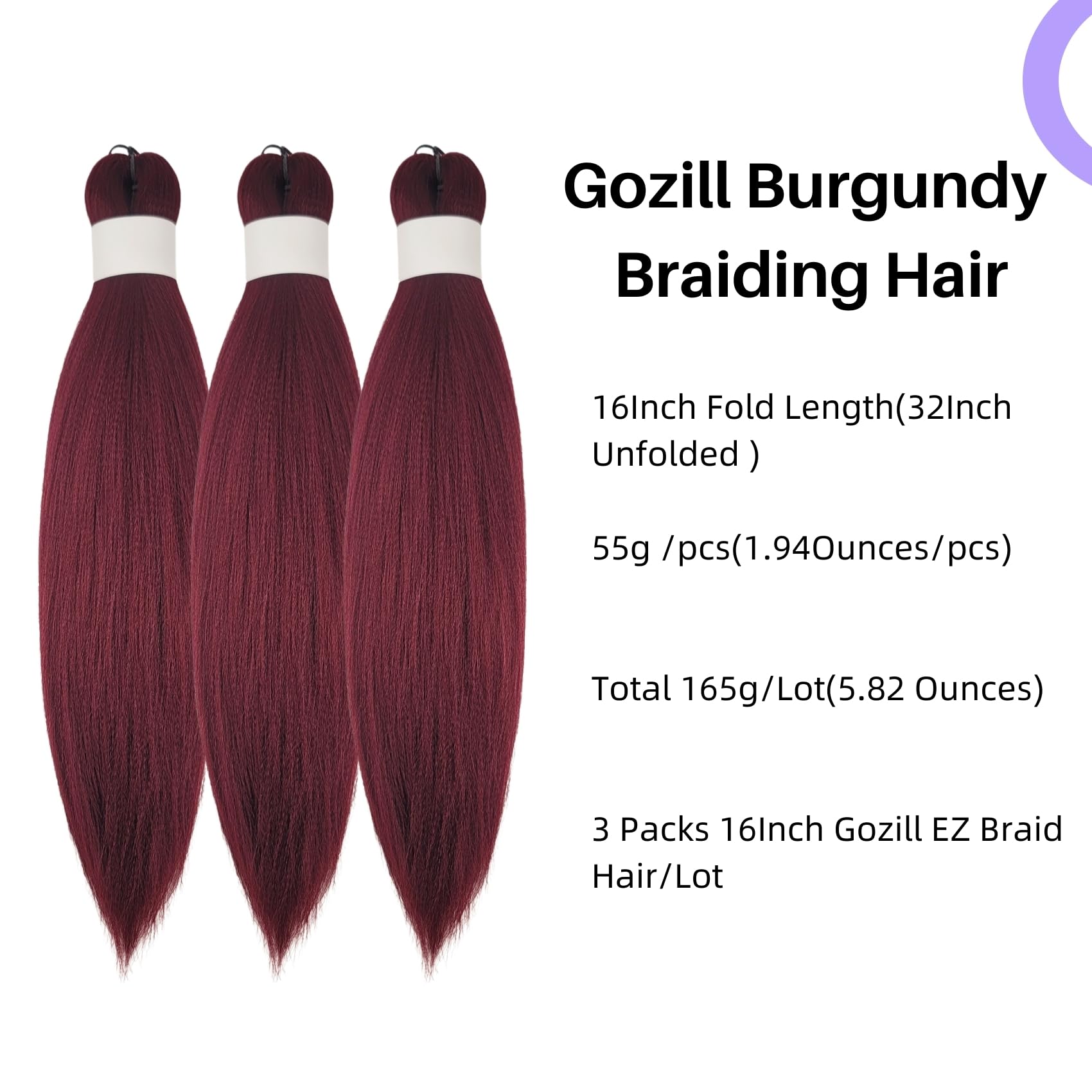 Burgundy Braiding Hair Pre Stretched 16 Inch for Knotless Braids Synthetic Box Braiding Hair for Women