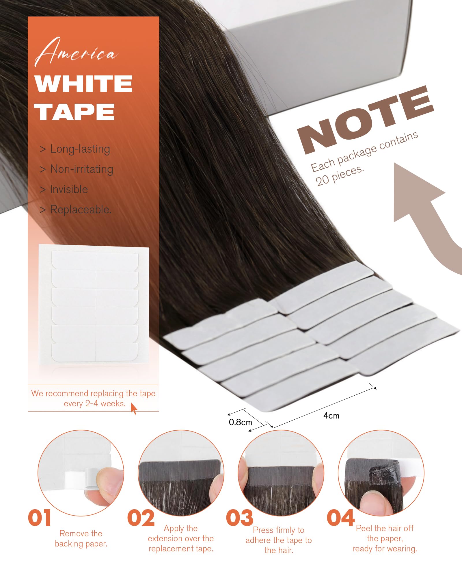 Sunny Hair Tape in Hair Extensions Real Human Hair Invisible Remy Hair Extensions Tape ins for Women Dark Brown 18 inch 20Pcs 50