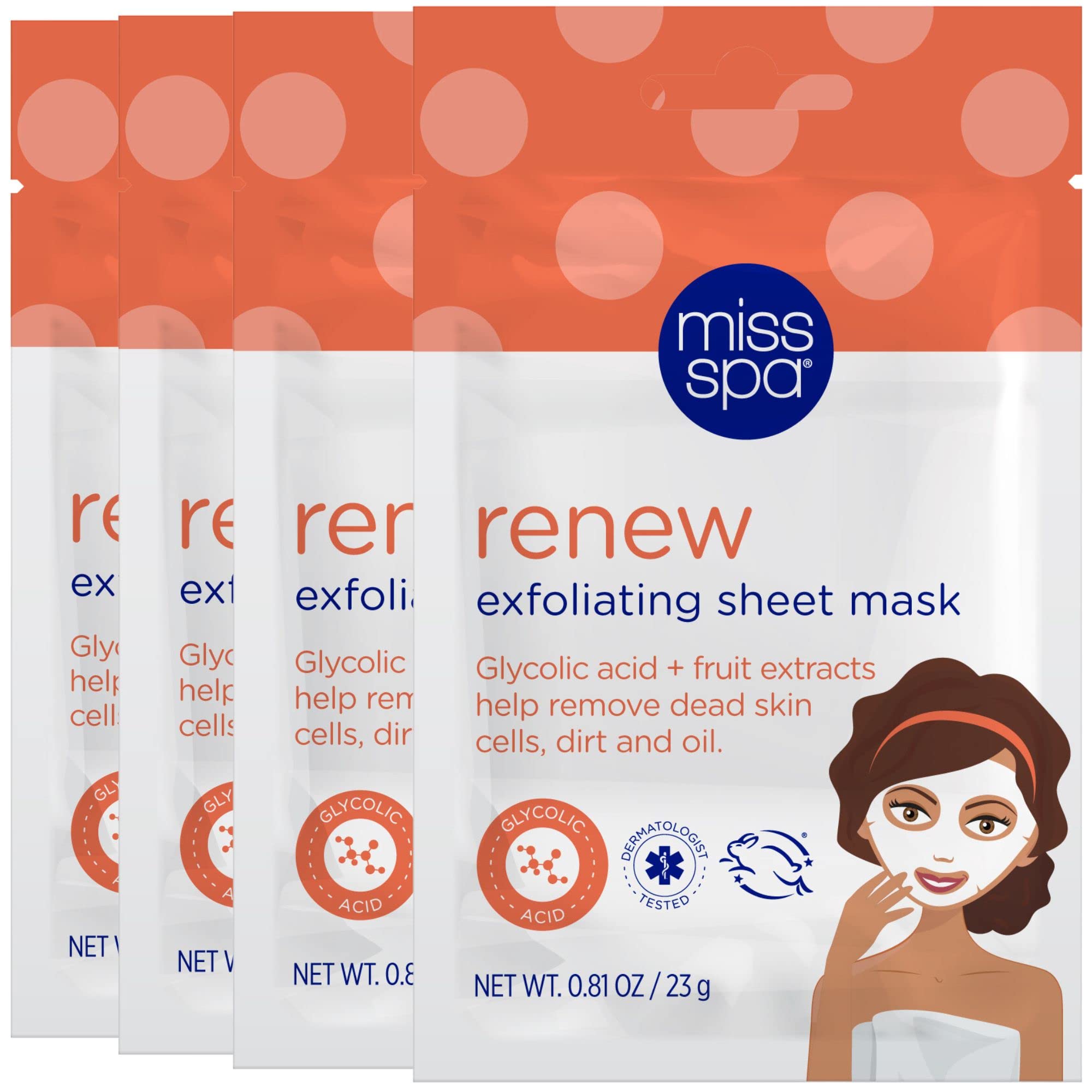 MISS SPA Renew Exfoliating Sheet Mask for Face, Skin Smoothing Face Mask Removes Dirt, Dead Skin and Oil, 4 Pack