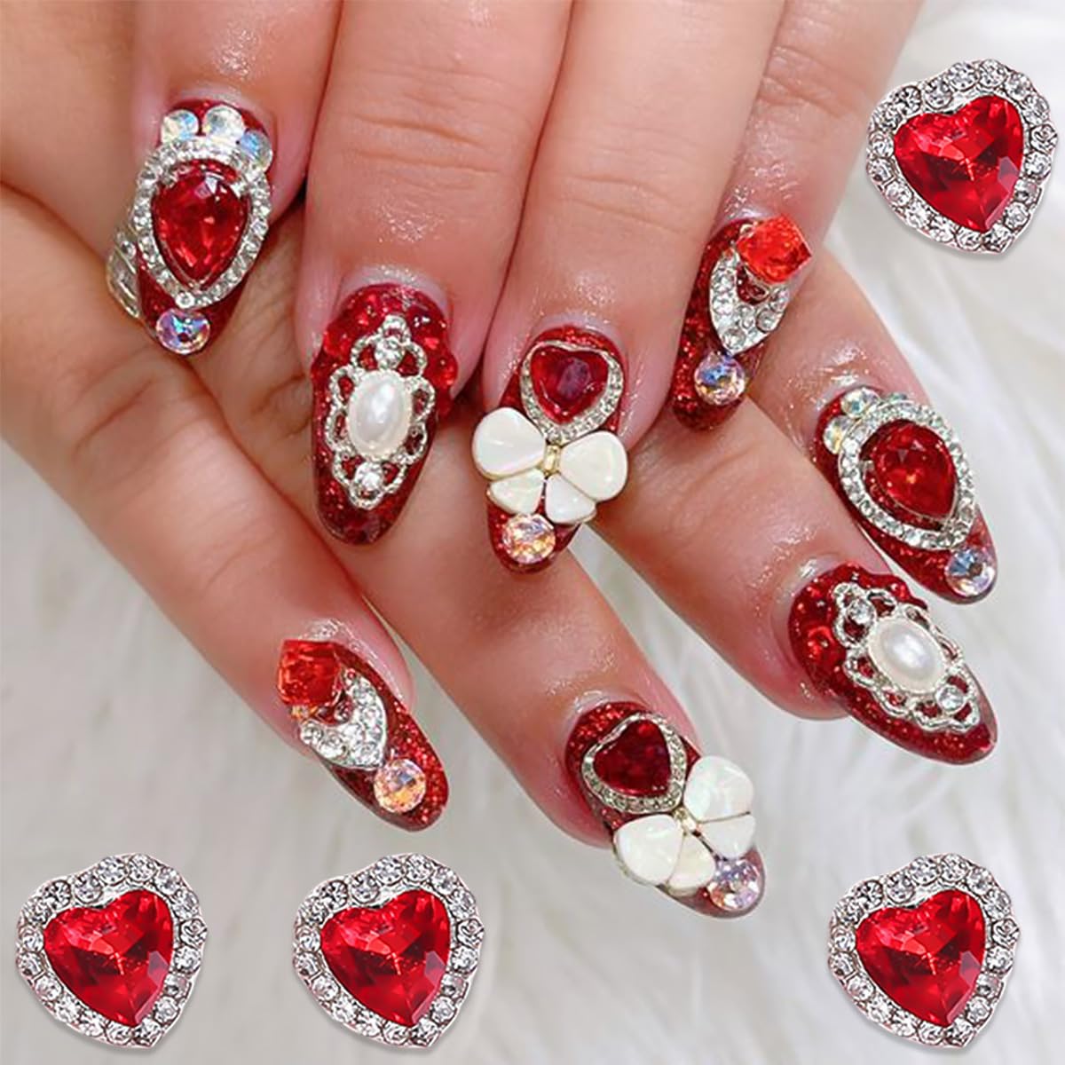 Valentines Nail Charms For Crown Nails Art Gold Silver Heart Nail Rhinestones Romantic Red Glitter Heart Nail Art Charms 3D Allo