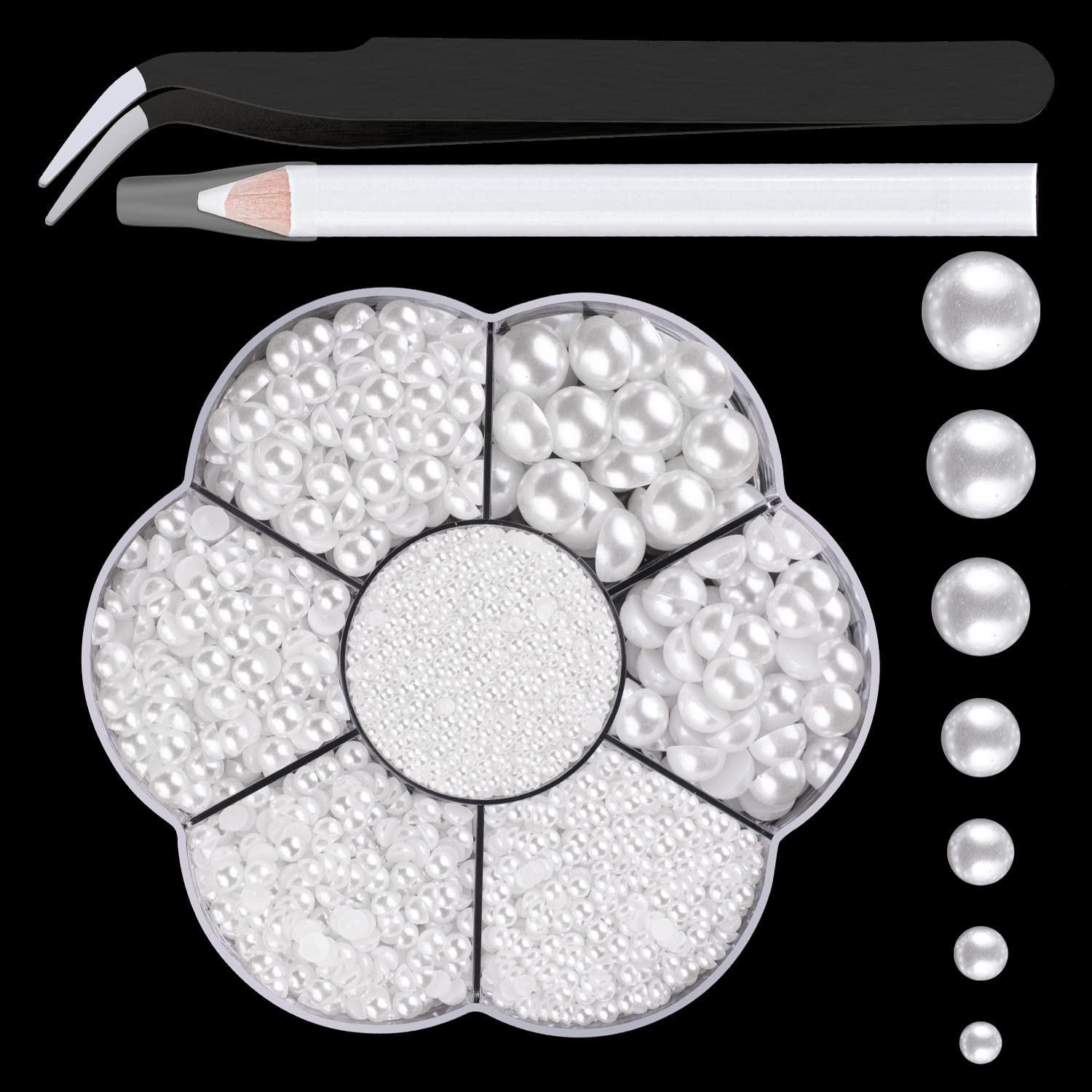 Nail Art Flat Back Half Round Pearl Kits 7, 1 Box of 2400 Pcs Flat-Back White Pearl with Tweezer and Picker Pencil for Home DIY