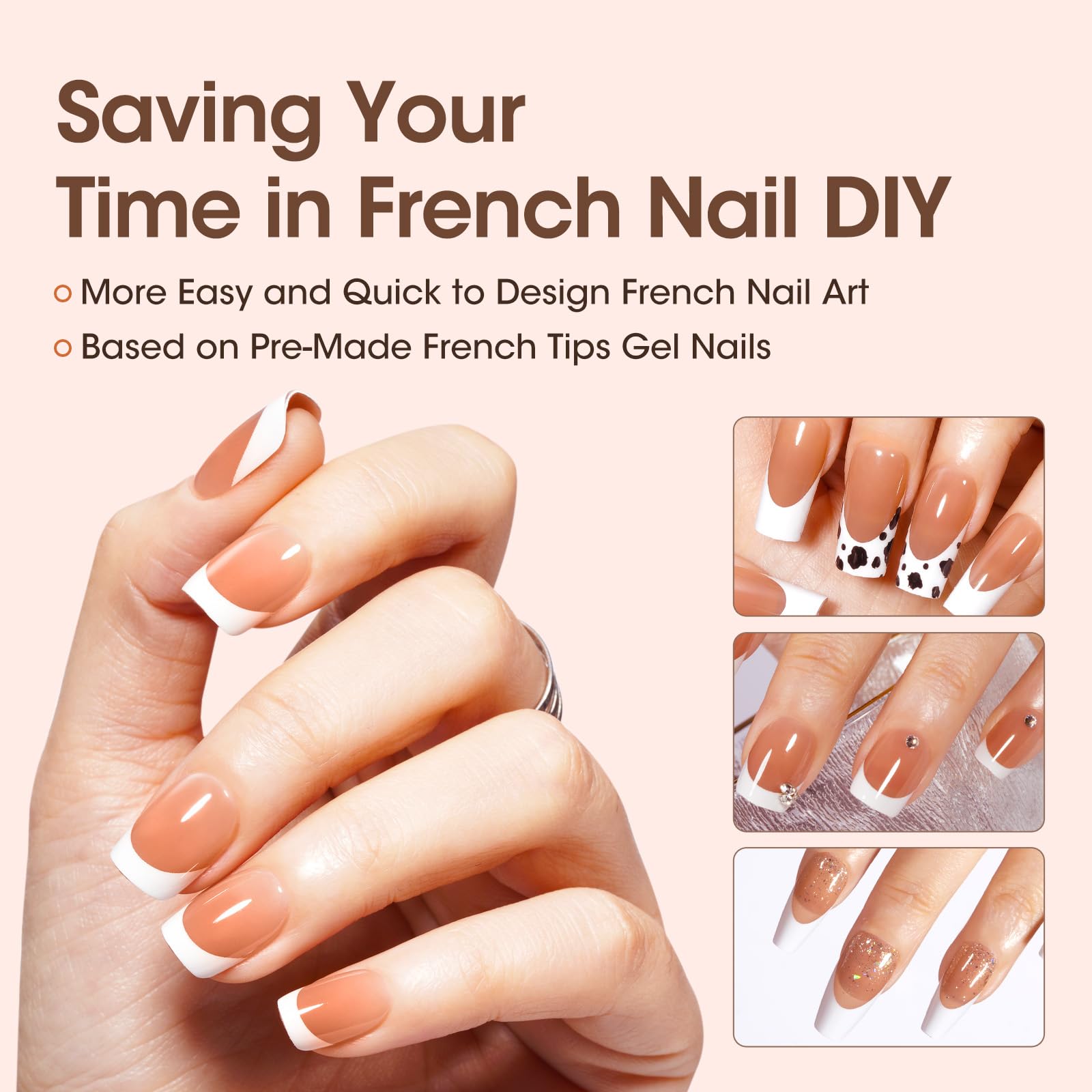 Gellen French Soft Gel Nail Tips - 150 Pcs White French Tip Short Press On Nails Brown Square Shape, 3 In 1 Pre-French Gel Nail