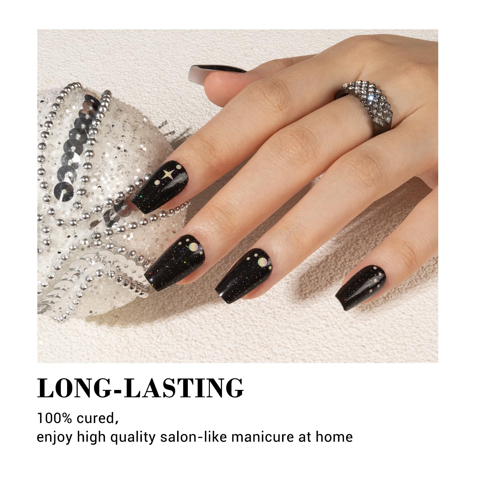 Melodysusie Semi Cured Gel Nail Strips (Dark Glitter Stars)- Works With Nail Lamp, Salon-Quality, Long Lasting, Easy To Apply &