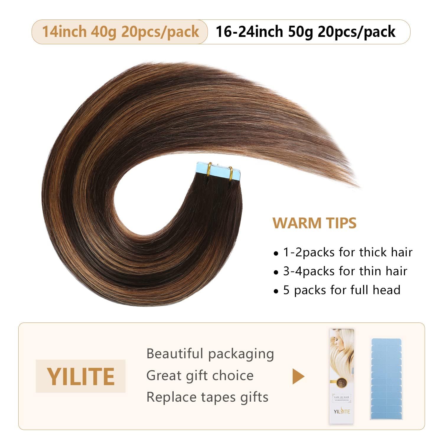 Yilite Tape In Hair Extensions Human Hair #2-6-2 Straight Hair Balayage Darkest Brown Roots Fading To Darkest Brown 12 Inch (Pac
