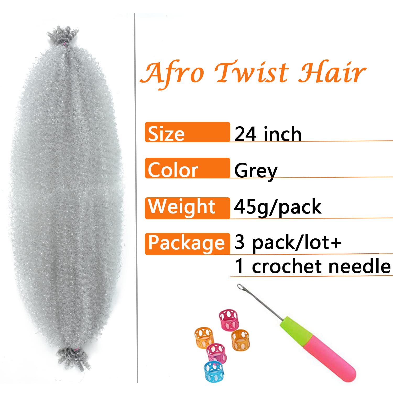 Springy Afro Twist Hair 24 Inch 3 Packs Grey Color Pre Fluffed Marley Twist Braiding Hair For Black Women (24 Inch, Grey)