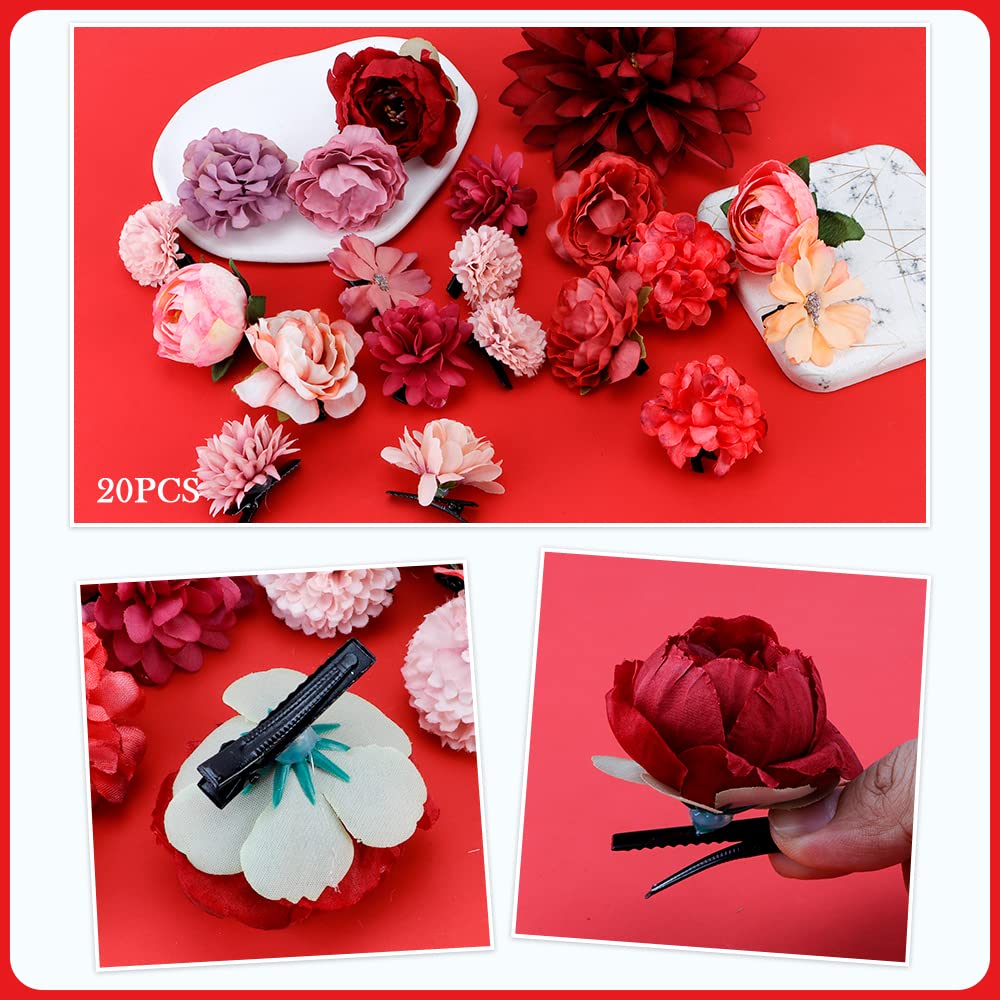 Ahoney 20 Pieces Red Rose Hair Clips For Women Girls Hair, Artificial Flowers Floral Alligator Clips Flowers Hair Pins Valentine