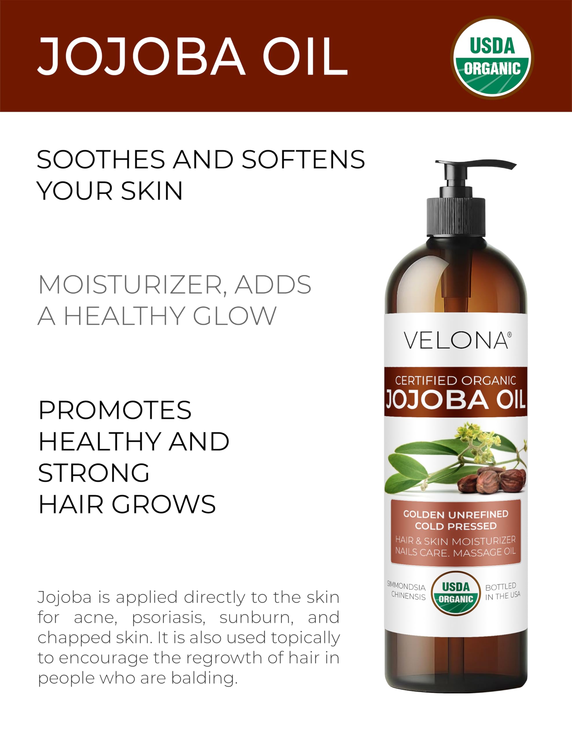 Velona Organic Jojoba Oil 8 Oz - 100% Pure, Unrefined Cold Pressed For Face, Hair, Body, Acne Prone Skin Care, Stretch Marks & C