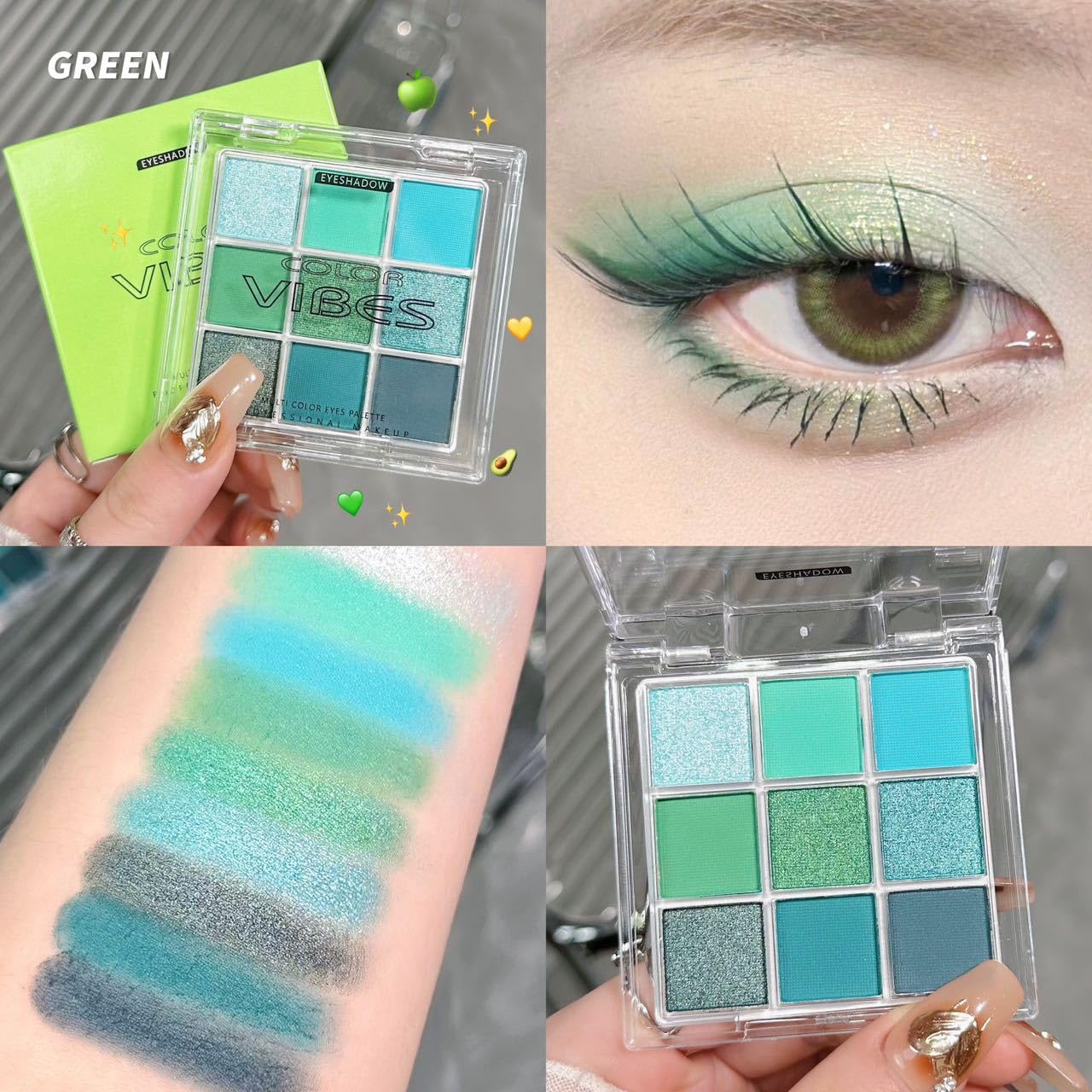 Go Ho 9 Colors Green Eyeshadow Palette,Light To Dark Green Eye Shadow Palette,Matte&Shimmer Eye Makeup Palette,Waterproof Grey&G