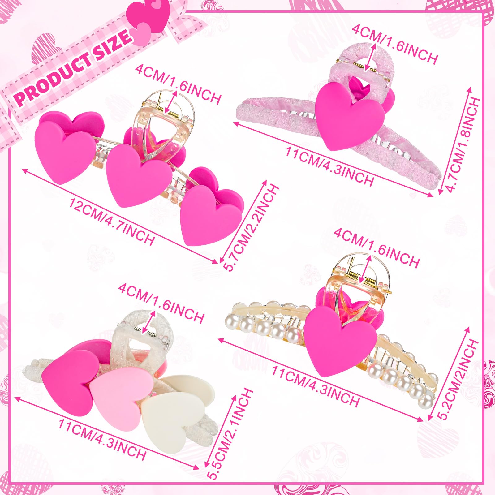 Yuxung 4 Pcs Valentine's Day Heart Hair Claw Clips for Women Hot Pink Strong Hold Hair Jaw Clip Pearl Heart Hairpins Sweet Lovel