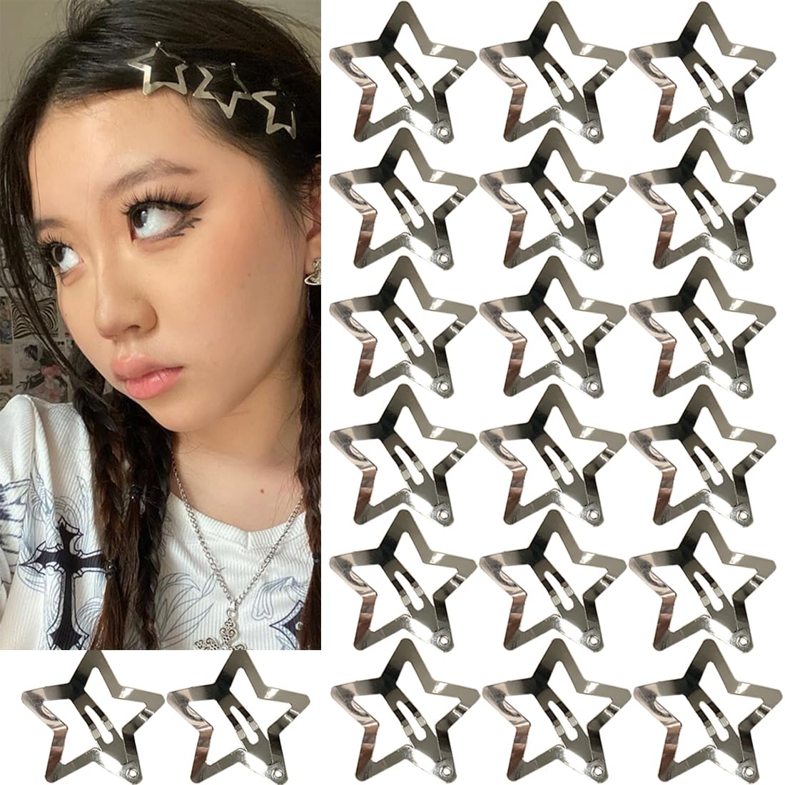 20 PCS 1.22'' Star Hair Clips Snap Star Hair Accessories Non Slip Star Clips for Girls Women Y2K Accessories Silver Metal Hair C