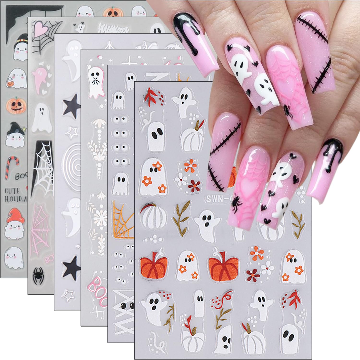 6Sheets Halloween Nail Art Stickers Cute Ghost Nail Decals For Nail Art Decoration 3D Pumpkin Spider Gothic Nail Art Design Stic