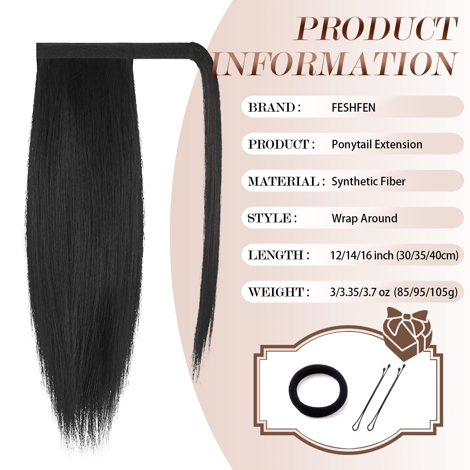 Feshfen Straight Ponytail Extension 16 Inch Natural Long Ponytails Wrap Around Clip In Pony Tail Hair Piece Synthetic Hairpieces