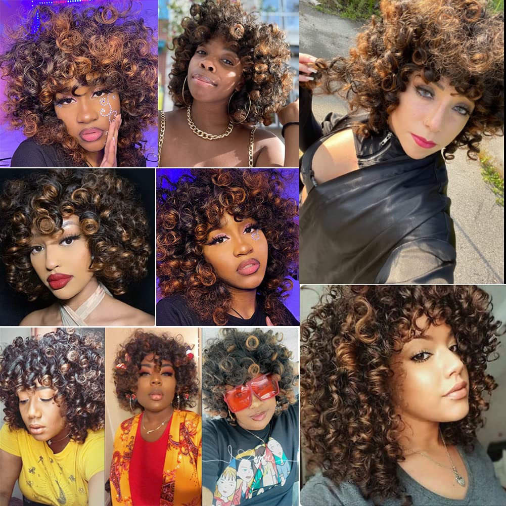 Andromeda Curly Wigs For Black Women Brown Short Curly Wig With Bangs Soft Afro Kinky Curly Synthetic Wig For African American W