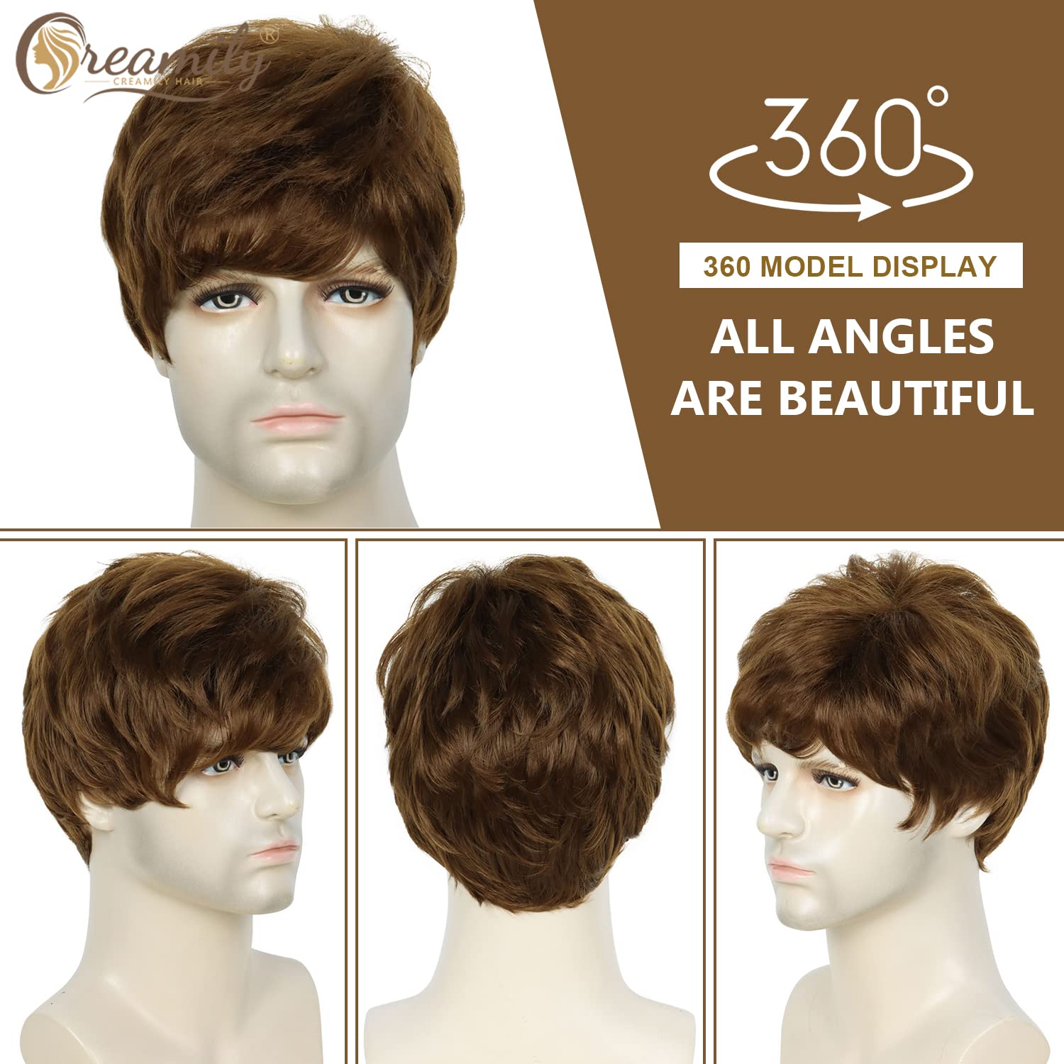 Creamily Short Brown Wig For Mens Wigs Short Hair Replacement Wig Men'S Synthetic Hair Wig Men Realistic Halloween Costumes Part