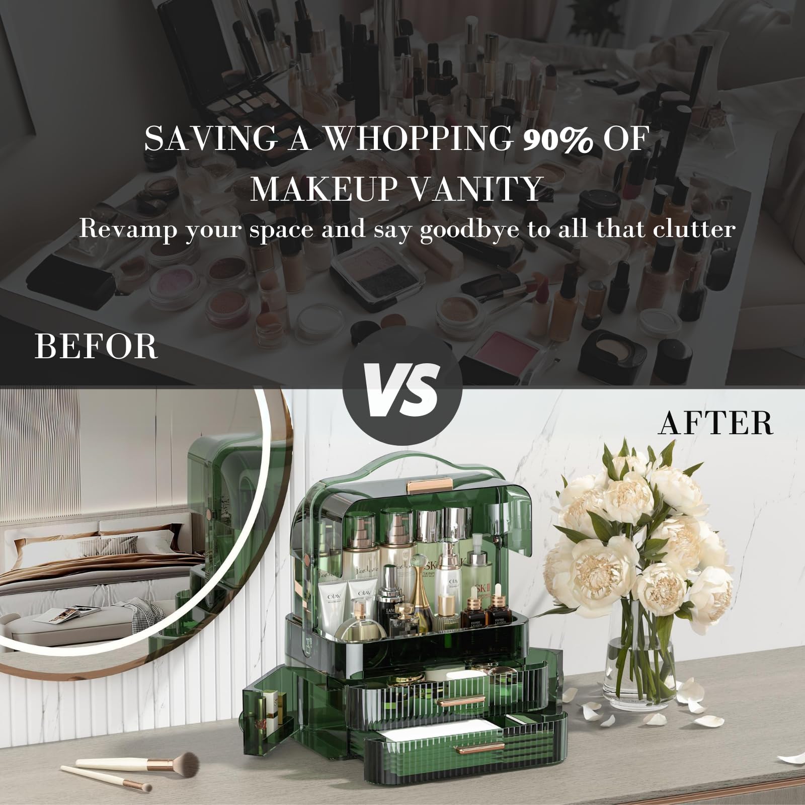 Linfidite Cosmetics Storage Box Transparent Lid Large Makeup Organizer Box Drawers Portable Handle Waterproof Dustproof Skincare
