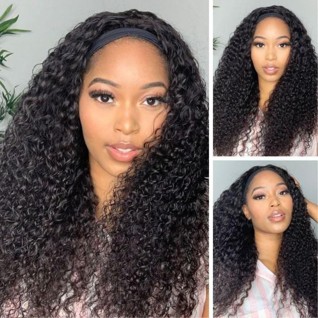 Beauty Forever Headband Human Hair Wigs Water Wave Glueless Human Hair Wigs With Pre-Attached Scarf Non Lace Front Wigs For Wome