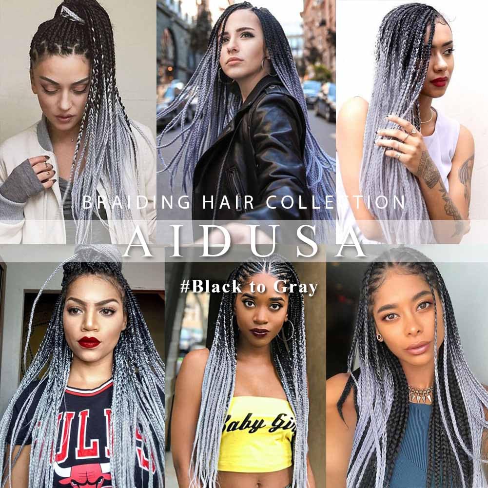 AIDUSA Ombre Braiding Hair Gray Braiding Hair Extensions 5pcs Synthetic Braids 24 Inch 2 Tones Gray Hair for Box Braids Crochet