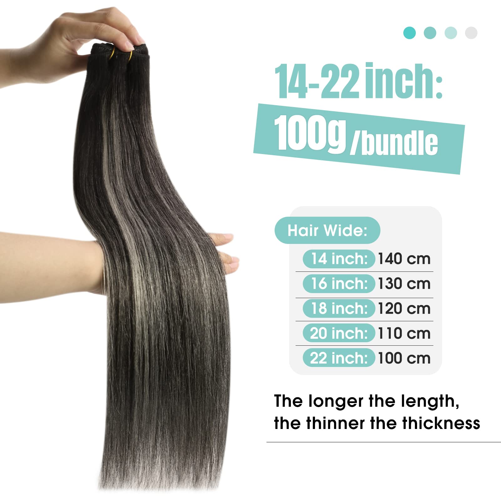 Youngsee 125G Weft Hair Extensions Human Hair Ombre Black Sew In Extensions Human Hair Blend Of Black And Silver With Black Root