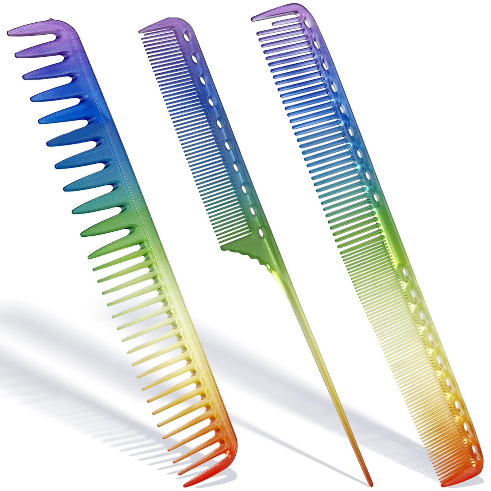 3 Pcs Rainbow Styling Comb Set  Fine & Wide Tooth, Rat Tail, AntiStatic Hairdressing Tools
