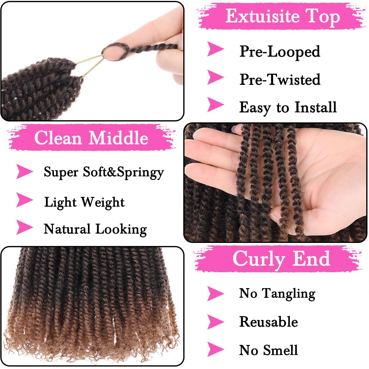Cookoo 12 Inch Micro Twist Crochet Hair 9 Packs Ombre Brown Pre-Looped Bouncy Mini Passion Twist Crochet Hair Pre-Twisted Mini S