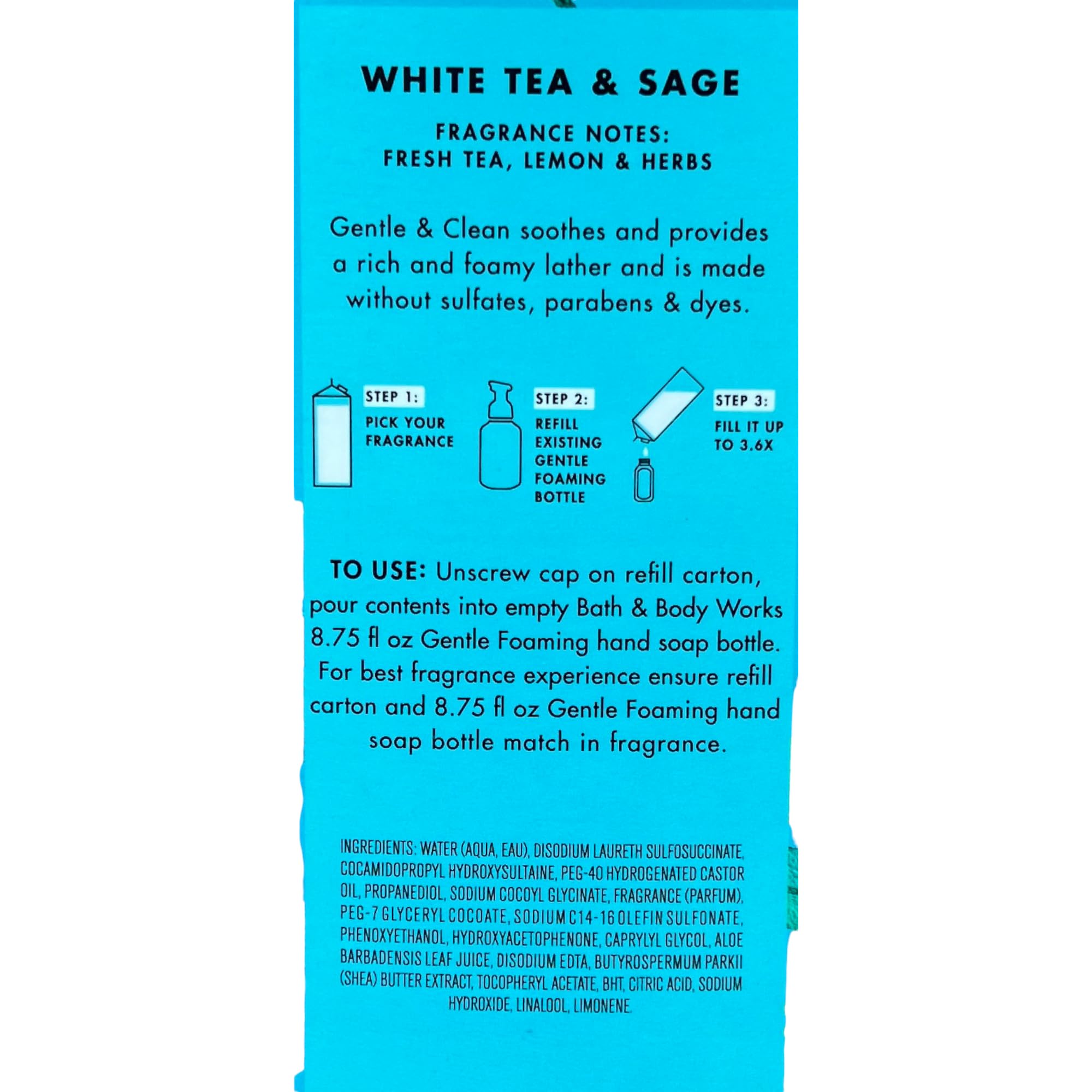 Bath & Body Works White Tea & Sage Refill Gentle & Clean Foaming Hand Soap, 32 Fl. Oz. (White Tea & Sage), Blue