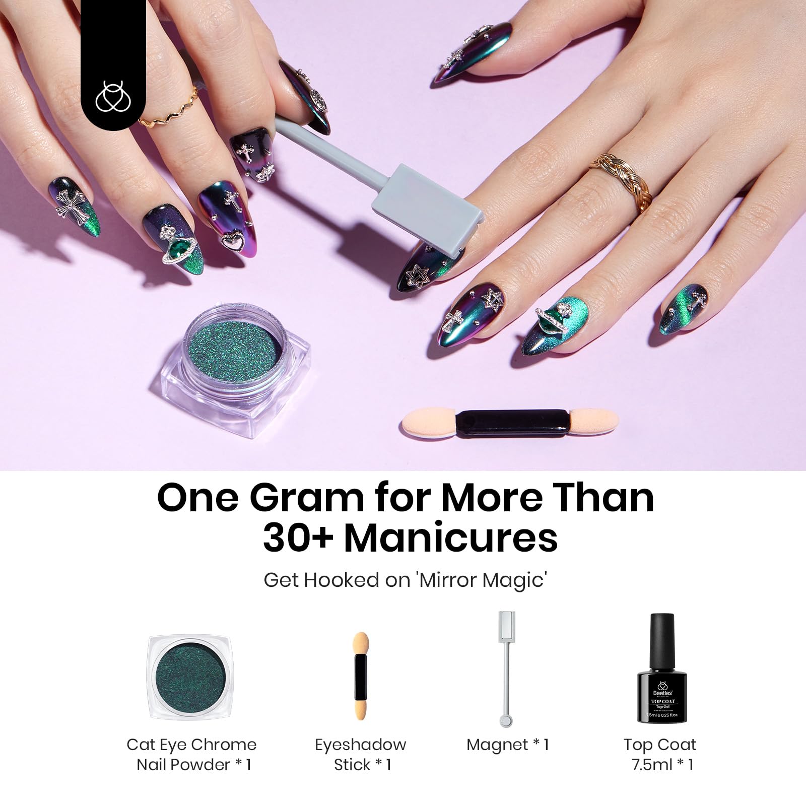 Beetles Cat Eye Chrome Nail Powder Set, 2 In 1 Holographic Metallic Mirror Effect Chameleon Galaxy Powder With No Wipe Uv Gel To