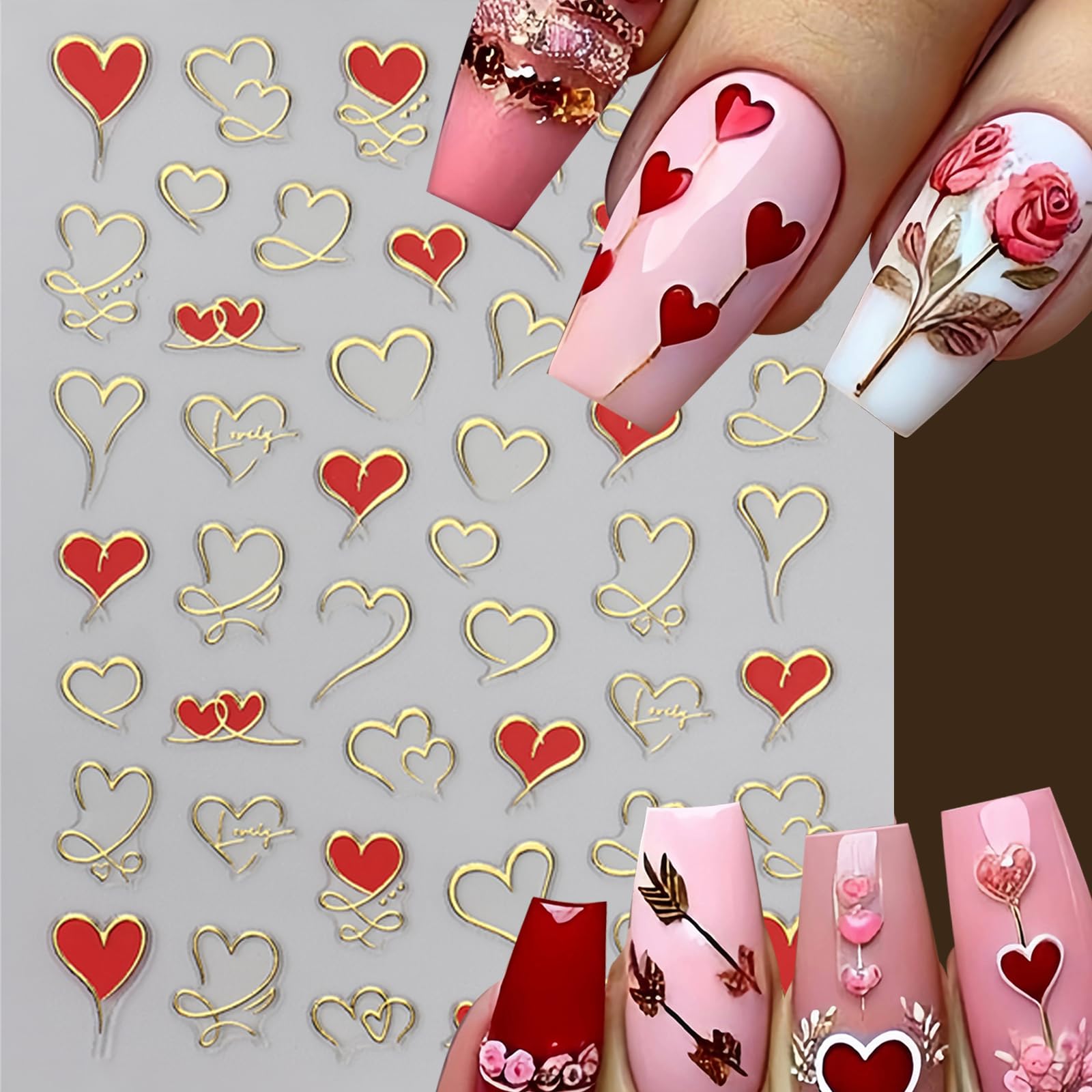 6 Sheets Heart Nail Art Stickers Love Hearts Nail Decals 3D Self Adhesive Pink Purple Red Heart Nail Design Stickers Valentine'S