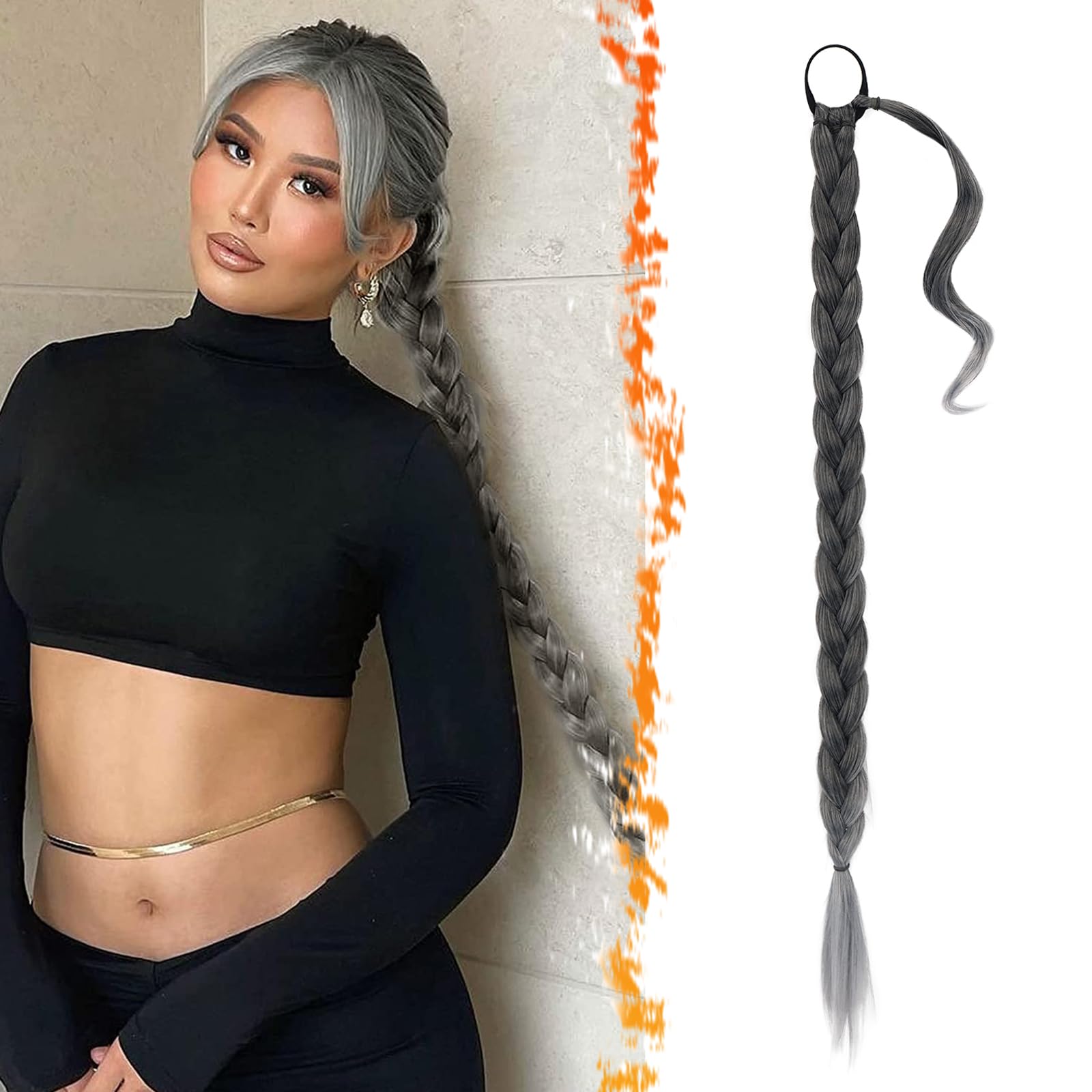 BARSDAR 34 Inch Long Braided Ponytail Extension with Hair Tie - Straight Sleek Wrap Around Ombre Grey Braided Ponytail Hair Exte