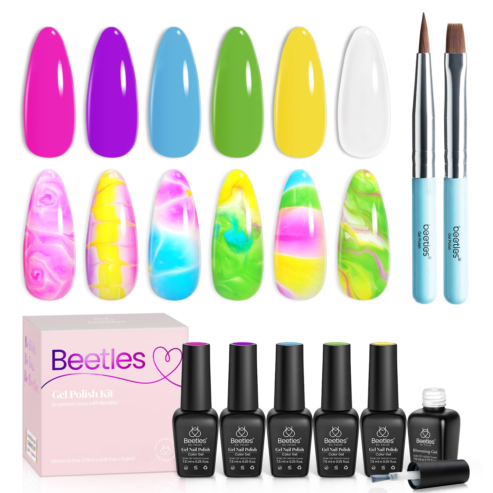 Beetles Summer Blooming Gel Nail Polish, 6 Colors White Hot Pink Green Blue Purple Blooming Gel Polish For Spreading Effect Marb
