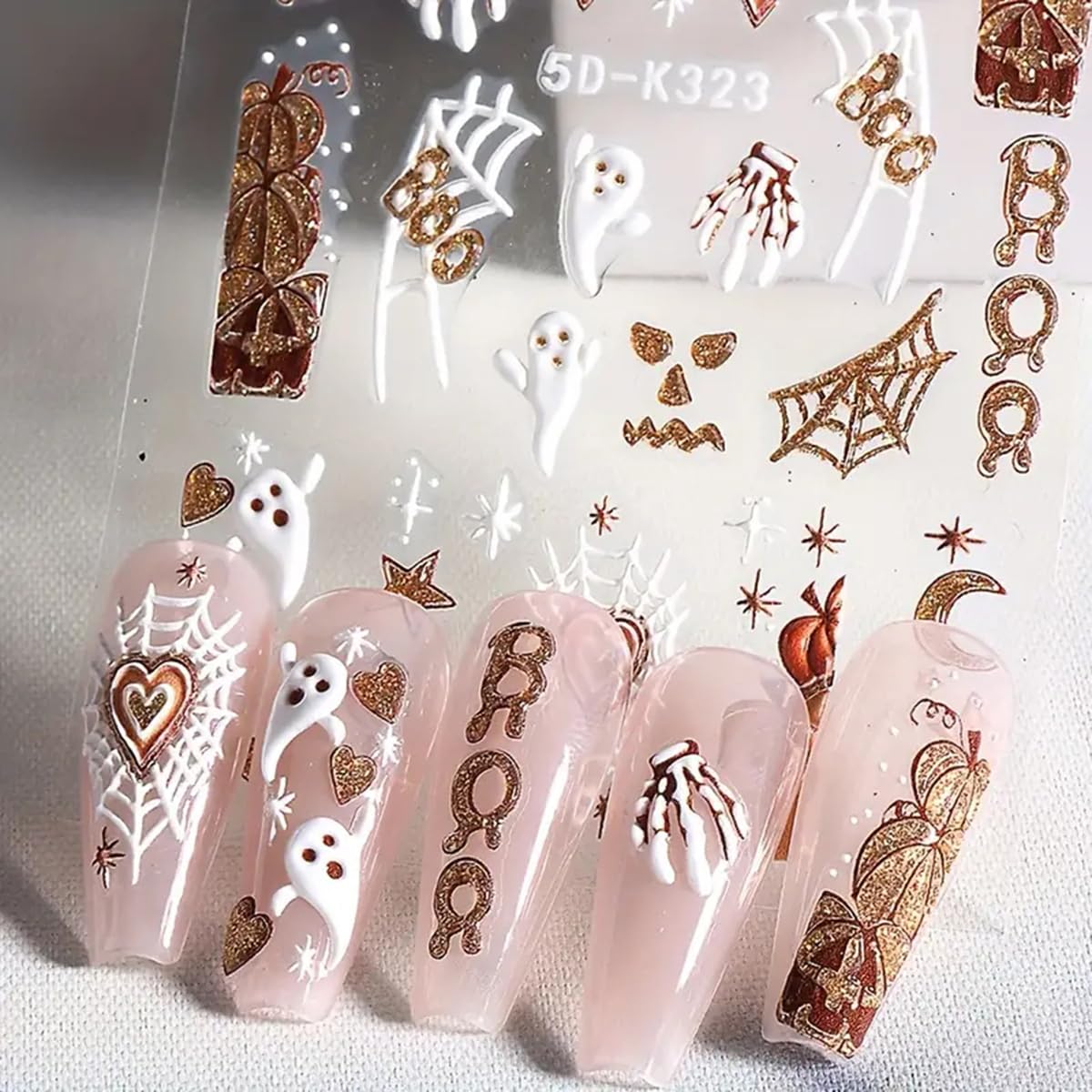 Halloween Nail Art Stickers Halloween 5D Embossed Nail Decals 2Pcs Ghost Pumpkin Heart Spider Web Boo Halloween Nails Design Gli