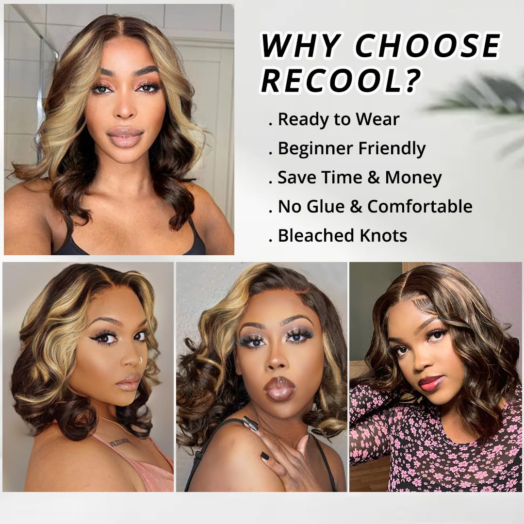Recool Loose Body Bob Wig Highlight Blonde Short Body Wave Human Hair Wig For Black Women 5X6 Hd Glueless Lace Front Wigs Pre Pl