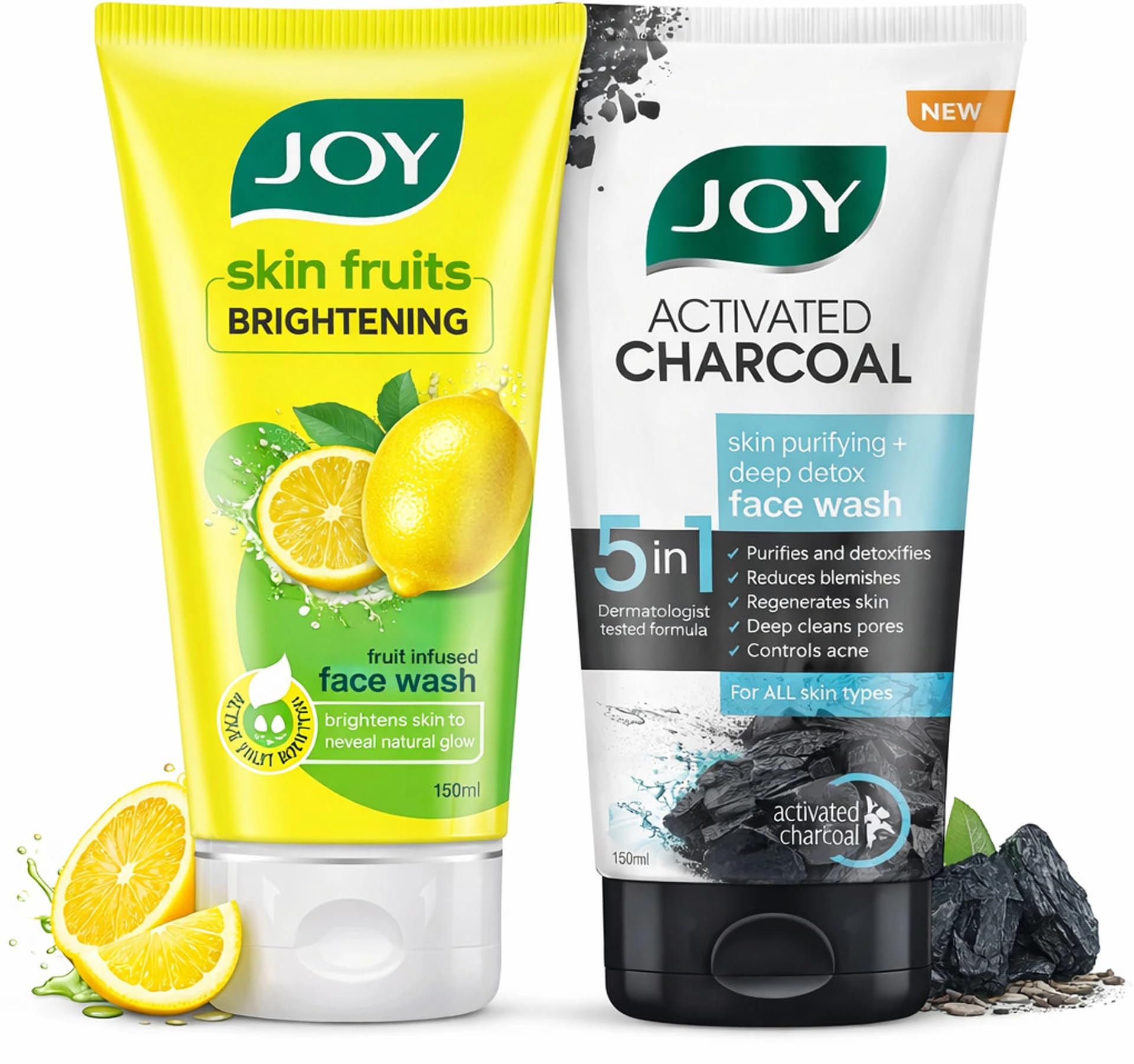 Joy Face Wash Combo Lemon Brightening & Charcoal Deep Clean 150Ml X2