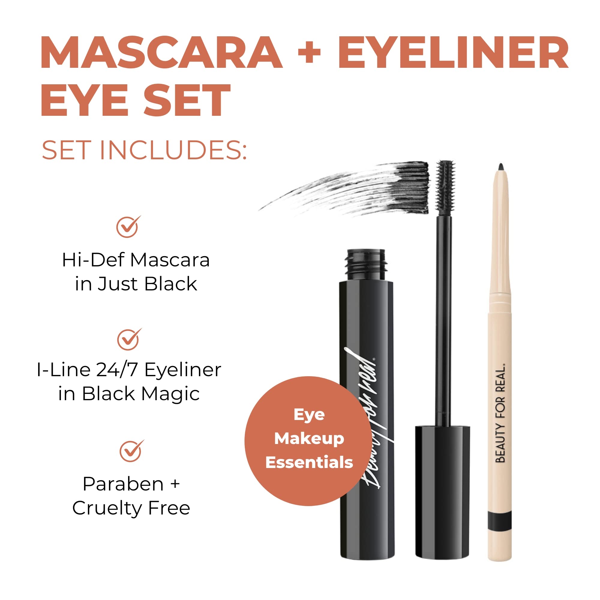 Beauty For Real I-Line 24-7 Eyeliner (Black Magic) & Hi-Def Mascara (Just Black) Set - Long-Wearing, Waterproof Gel Eyeliner + D