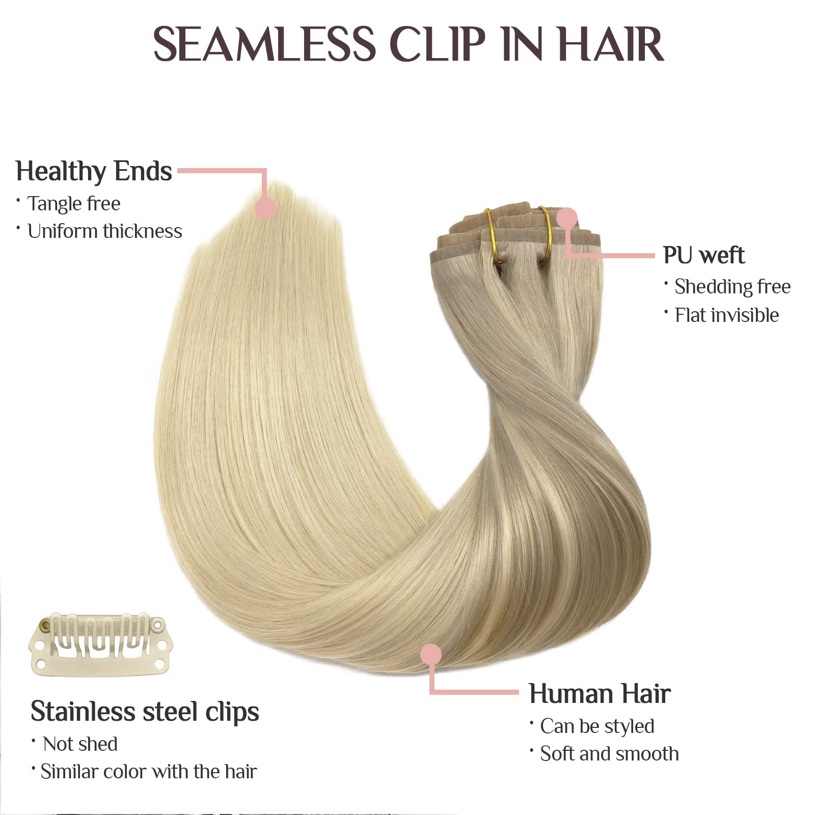 Hair Extensions Clip In Human Hair, 110G 7Pcs Balayage Ash Blonde To Golden Blonde And Platinum Blonde 16 Inch, Maxita Seamless