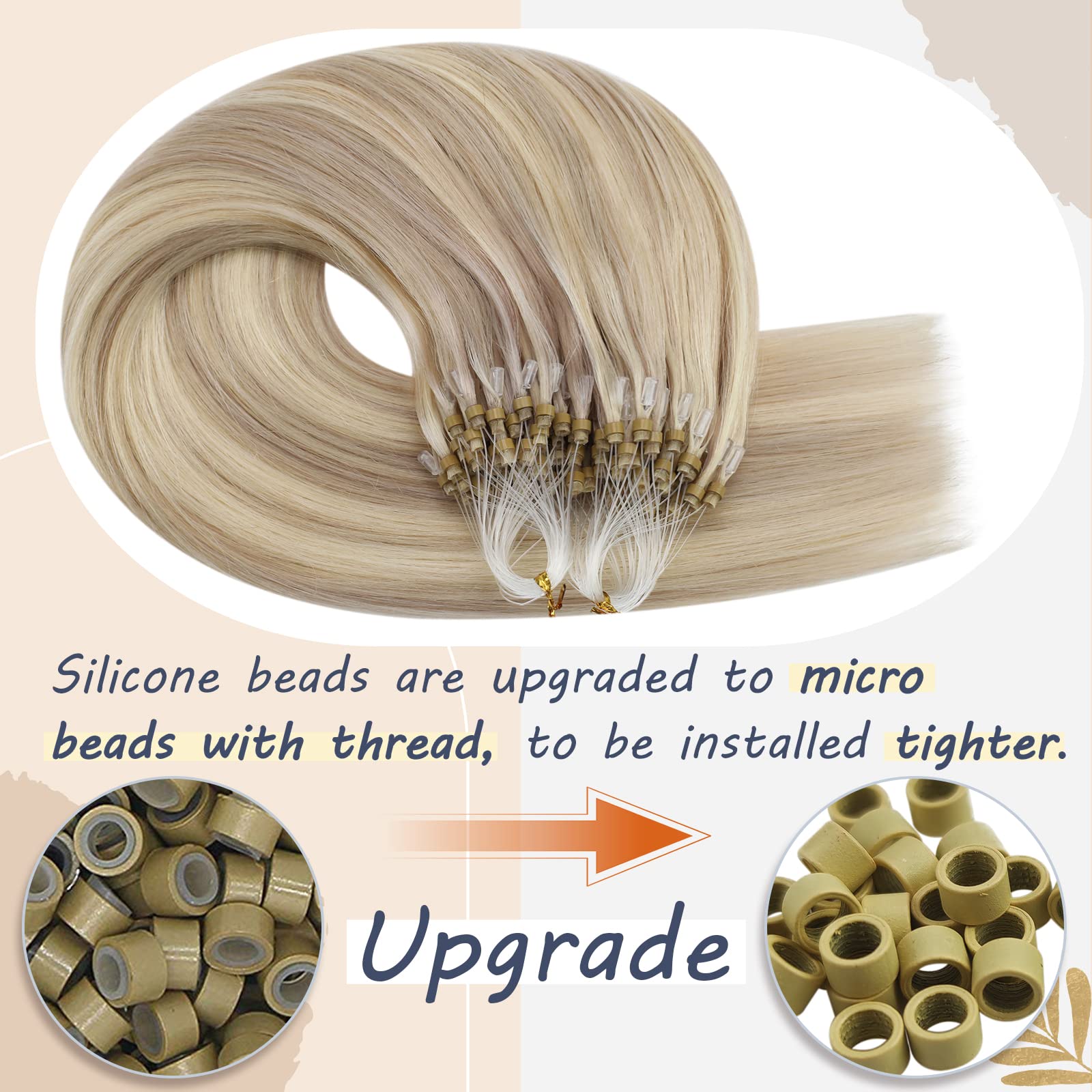 Ugeat Microlink Hair Extensions Human Hair 18 Inch Micro Ring Human Hair Extensions #P18/613 Ash Blonde Highlight Bleach Blonde