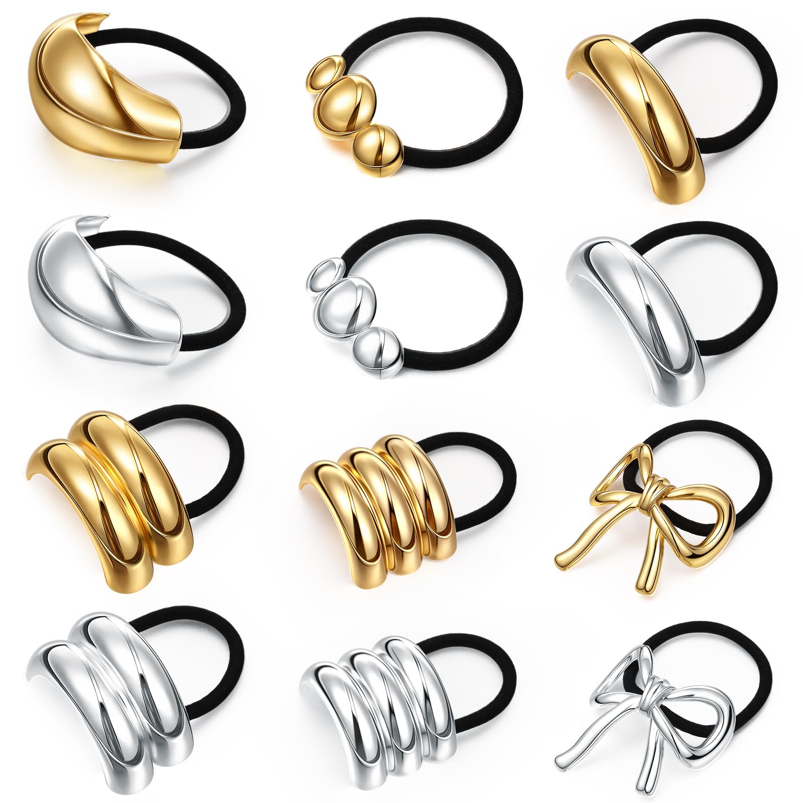 Yuxung 12 Pcs Gold Metal Hair Ties Metal Ponytails Hair Cuffs Gold & Silver Ties for Women Geometric Elastic Scrunchies Ponytail
