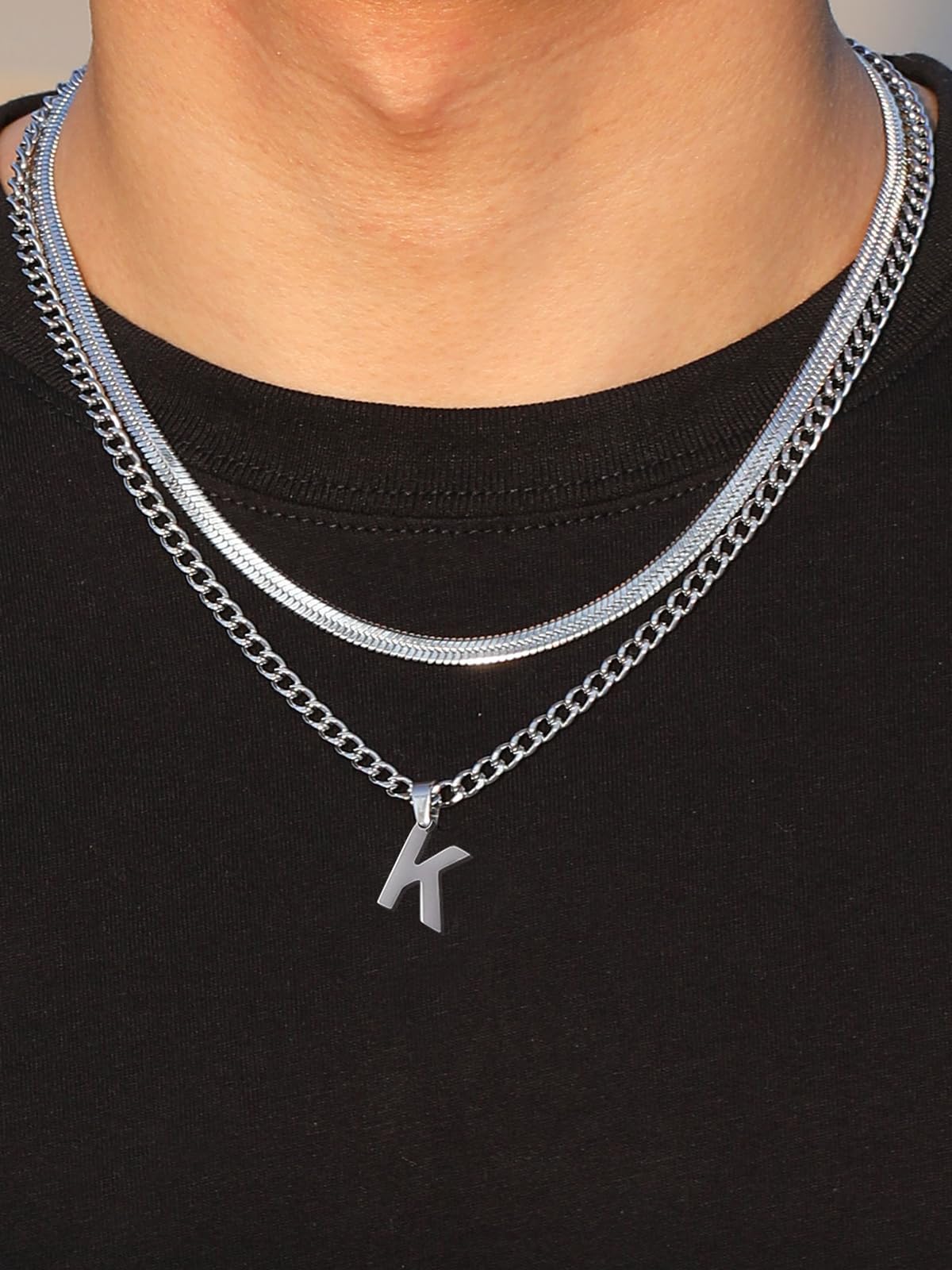 P.BLAKE Layered Initial L Pendant Necklace for Men, Stainless Steel Letter Cuban Link Herringbone Jewelry Collar Cadenas Para Ho