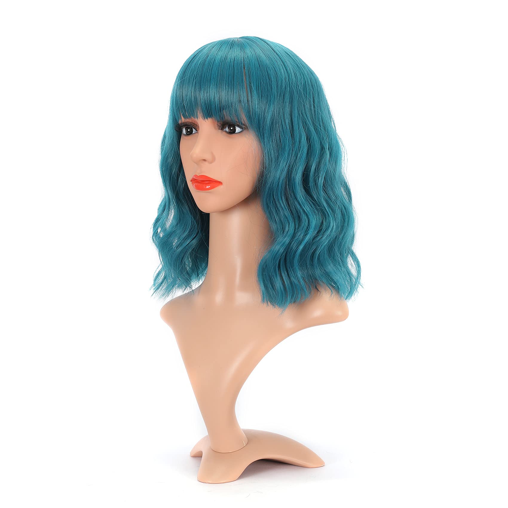 VCKOVCKO Natural Wavy Wig With Air Bangs Short Bob Dark Blue Wigs Women's Shoulder Length Wigs Curly Wavy Synthetic Cosplay Wig 
