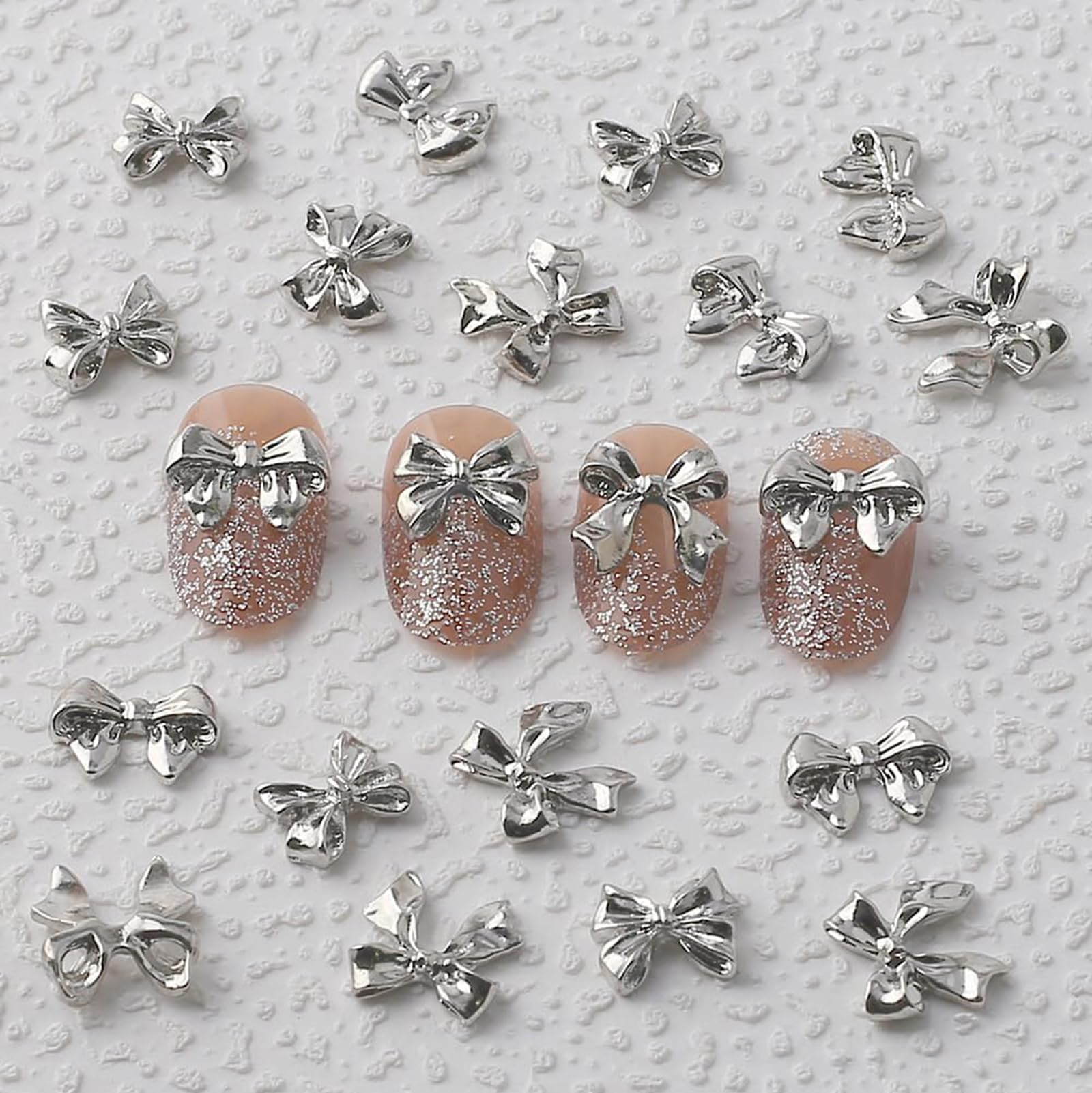 30Pcs Silver Bow Nail Charms Cute 3D Bow Alloy Nail Art Charms Kawaii Long Ribbon Bowknot Nail Designs Accessories Y2K Silver Bi