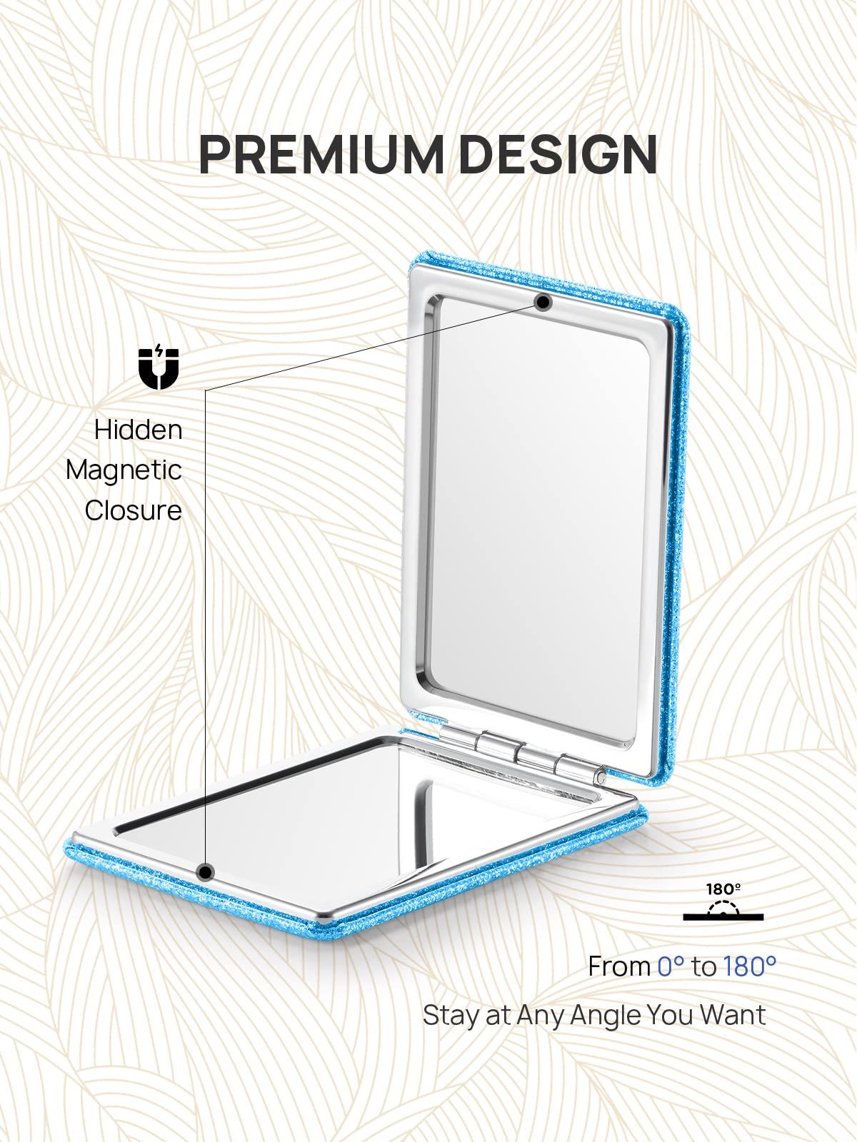 Omiro Compact Mirror, Glitter Pu Leather 1X/3X Magnification, Ultra Portable For Purses, 2.4'' W X 3.4'' L (Blue)